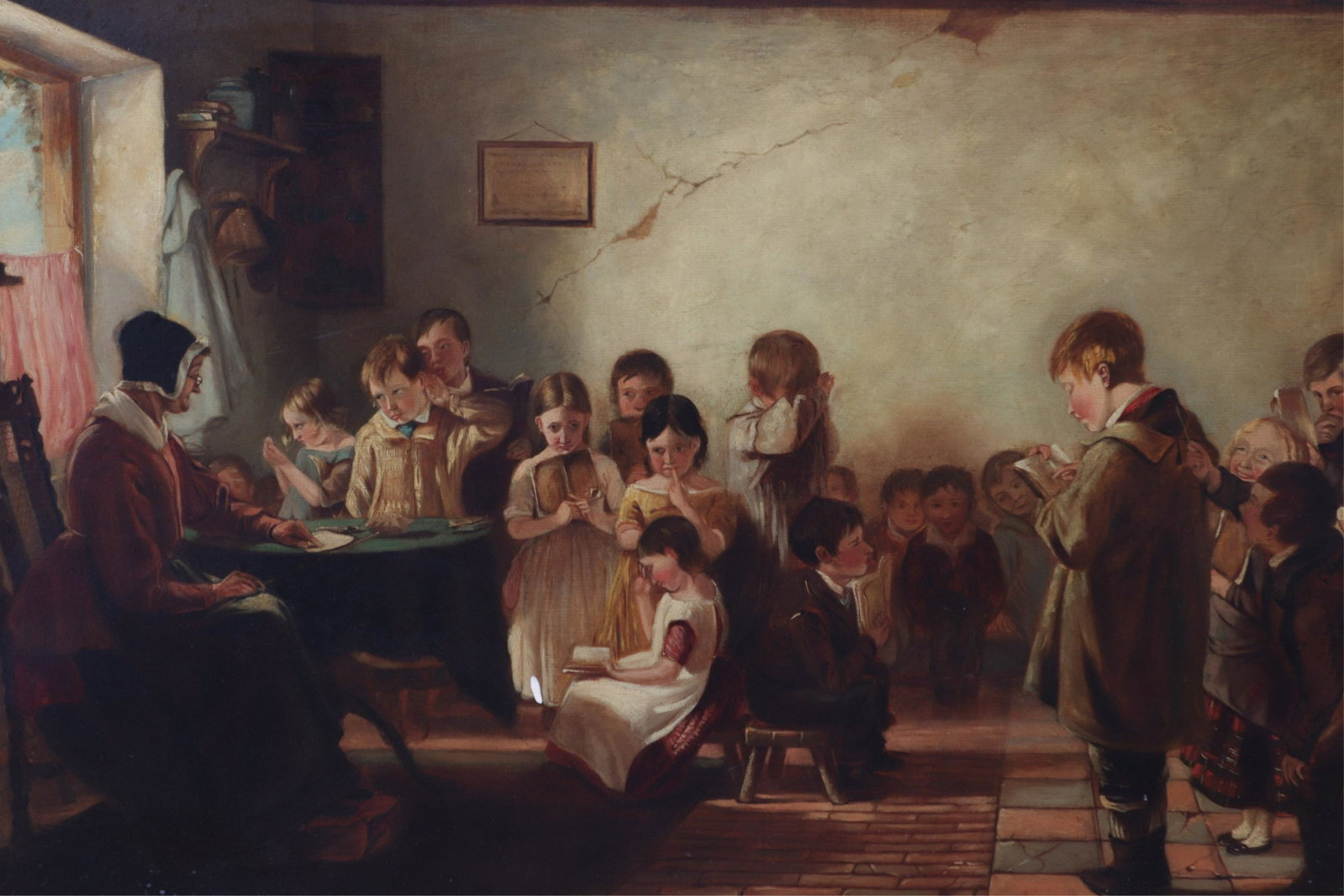Rosa Boon - Schoolhouse Reading Scene, O/C/M: Rosa Boon, "Schoolhouse Reading Scene", Oil on Canvas on Masonite, signed lower right Sight 24" H x 27" W, Framed 36" H x 38.25" W