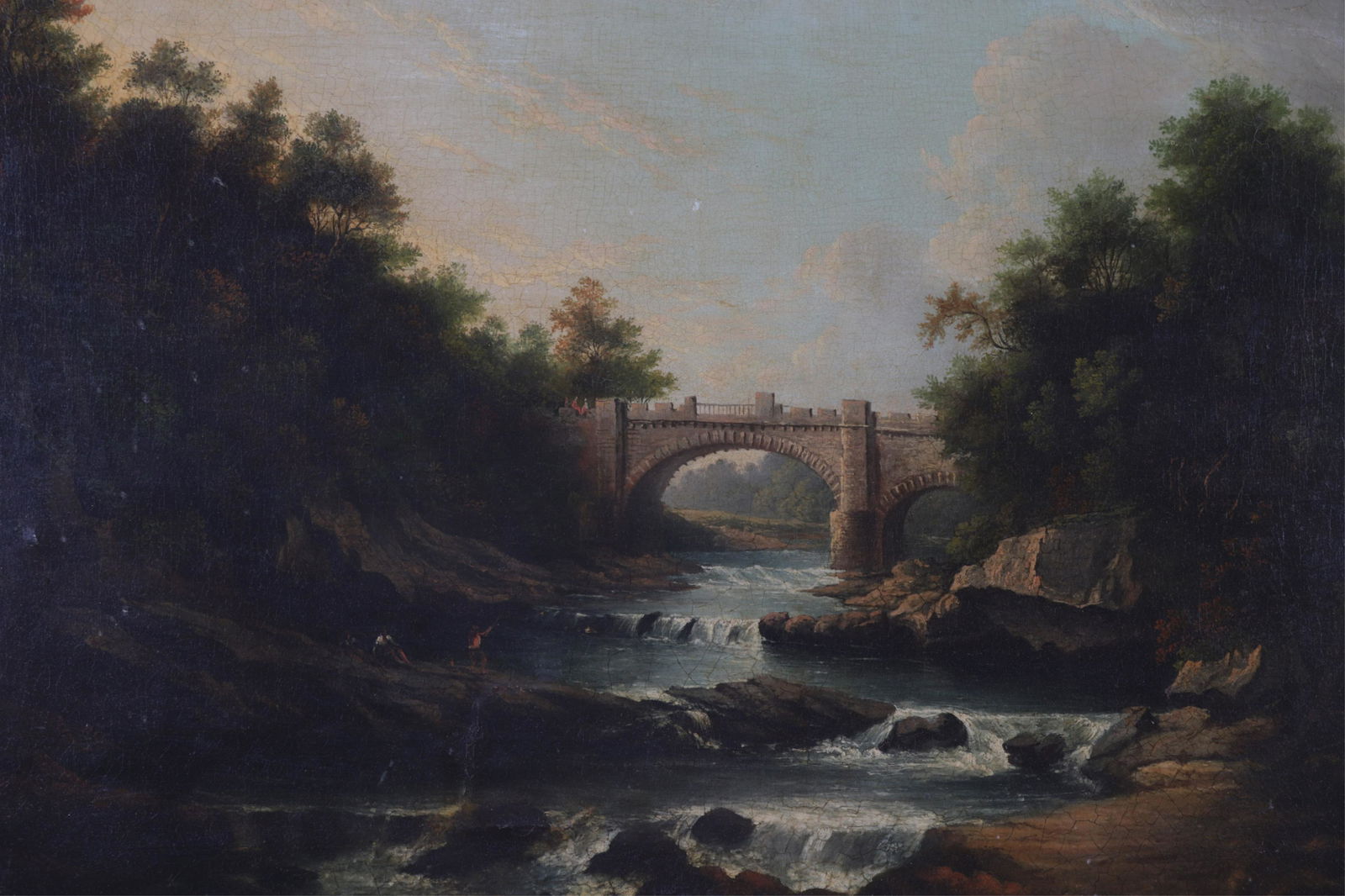 19th C Euro Sch, Bridge Landscape with Figures O/C (1 of 5)