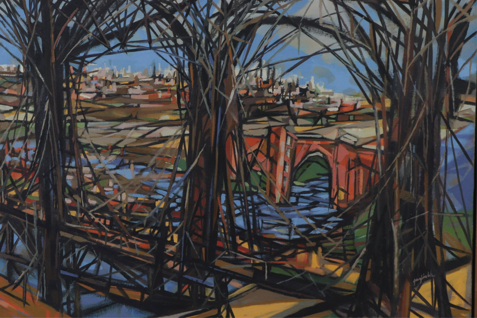 Joseph Garfinkel (1915-2004) View To A City O/C: Signed LR. Set into thin wood frame. 28" x 40 stretcher