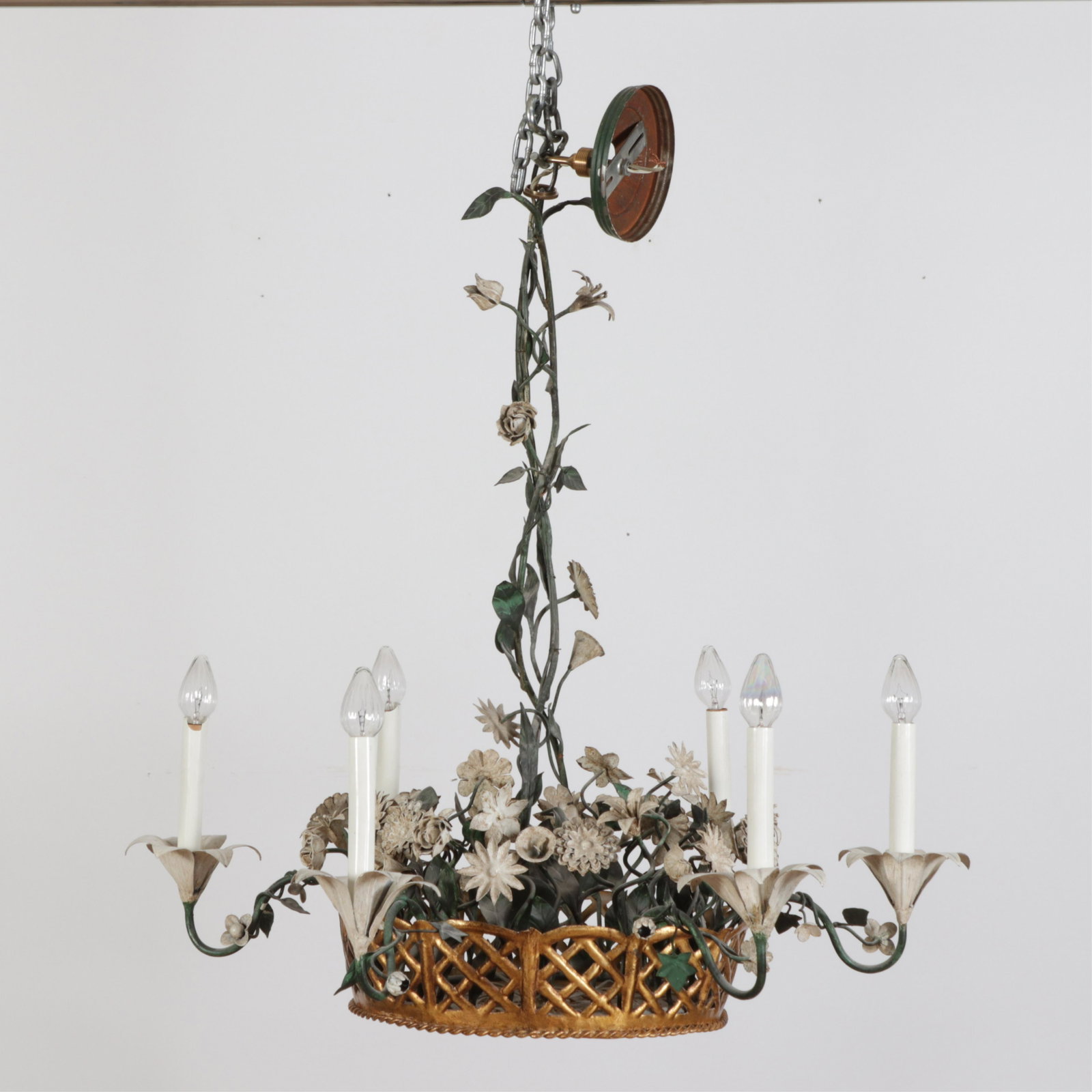 Classical Style Gilt-Tole Peinte Basket Chandelier: Classical Style Gilt-Tole Peinte Basket Chandelier 27" H x 28" Dia.