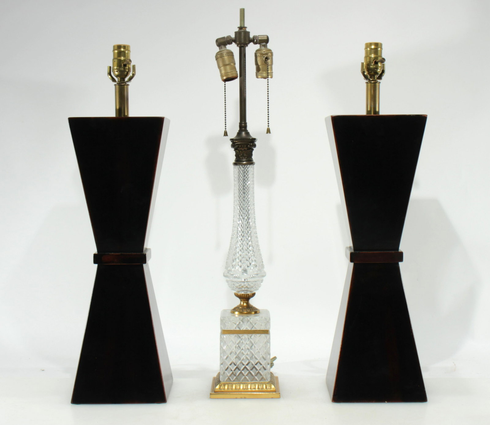 Pair Chinese Style Stained Lamps & Cut Glass Lamp: Pair Chinese Style Stained Lamps & Cut Glass Lamp Pair to the fixture 20" H