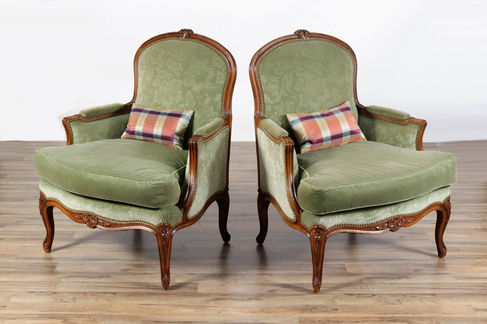 Pair Louis XV Style Beechwood Bergeres: Pair Louis XV Style Beechwood Bergeres, upholstered in textured green velour 40" H x 29" W x 31" D