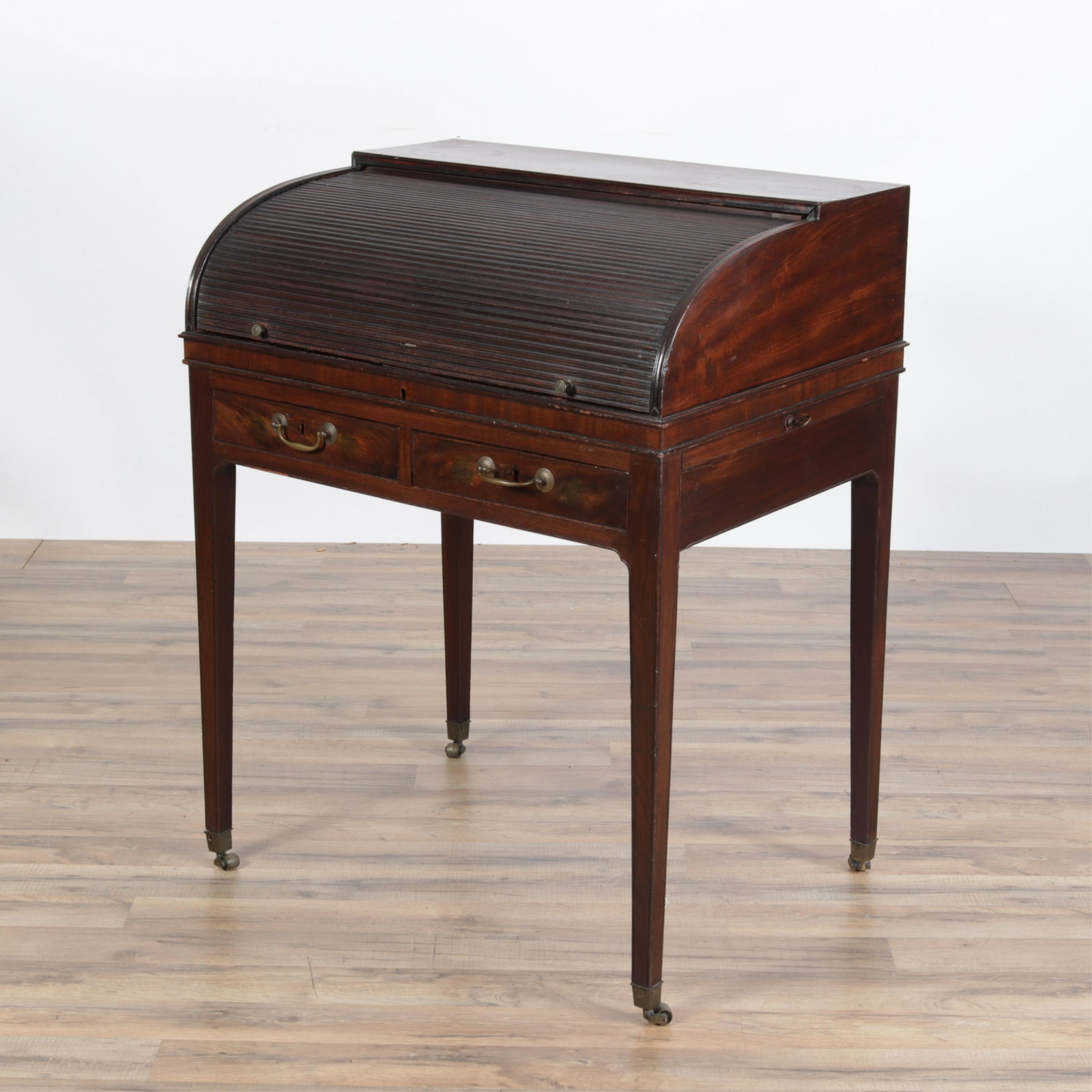 George III Tambour Mahogany Desk, Late 18th C.: George III Tambour Mahogany Desk, Late 18th C. 37.75" H x 29.75" W x 22.5" D