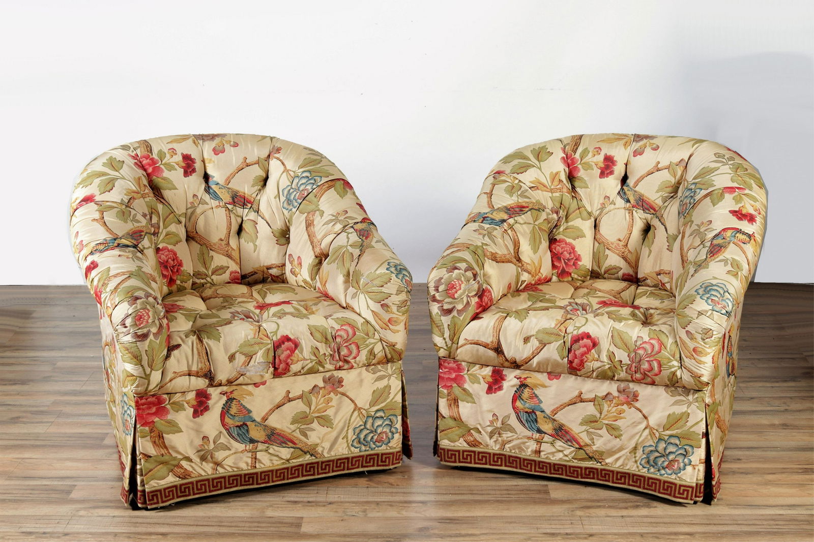 Pair Silk Taffeta Upholstered Barrel Club Chairs (1 of 7)