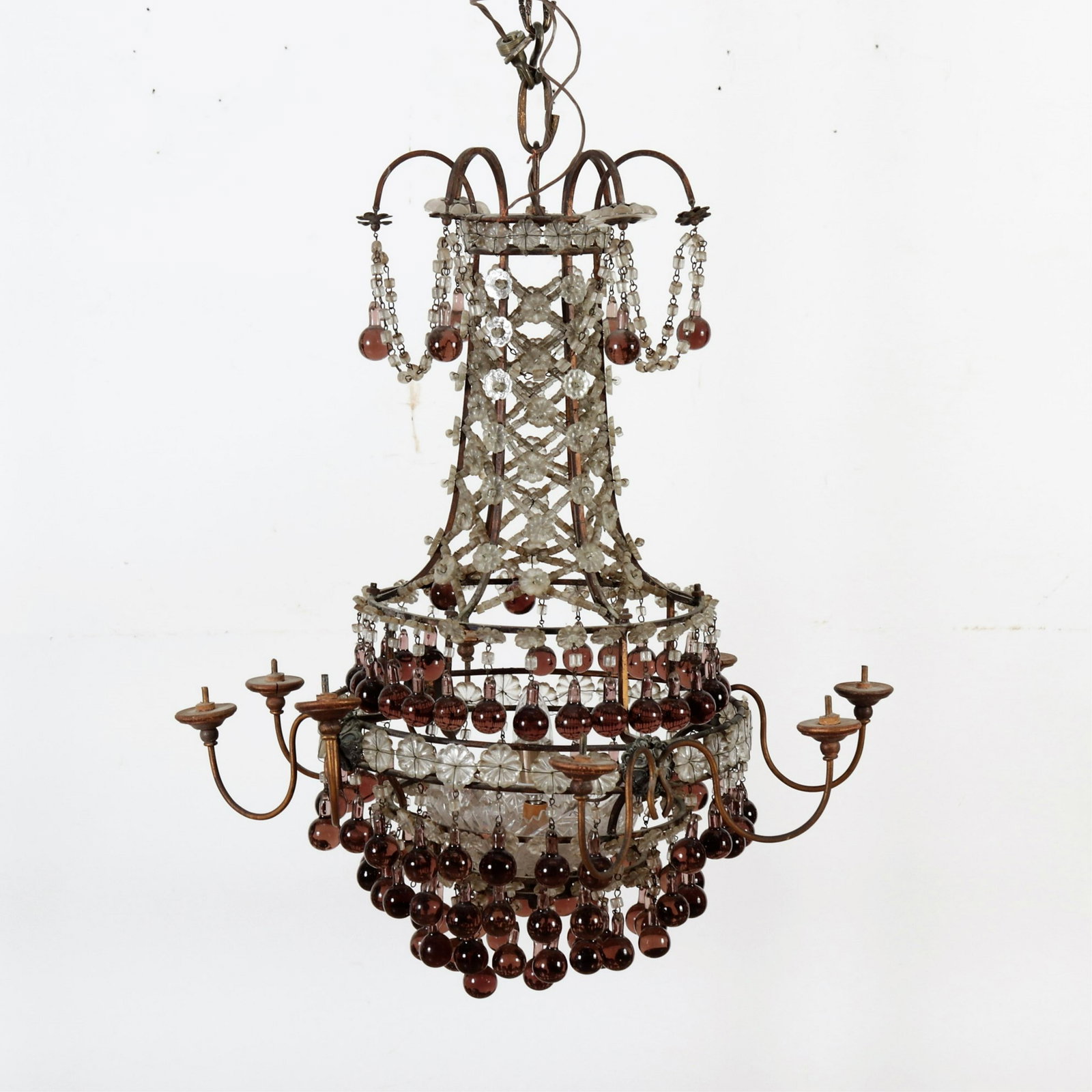 Classical Style Amber & Clear Glass Chandelier: Classical Style Amber & Clear Glass Brass Chandelier 24" H x 22" Dia.
