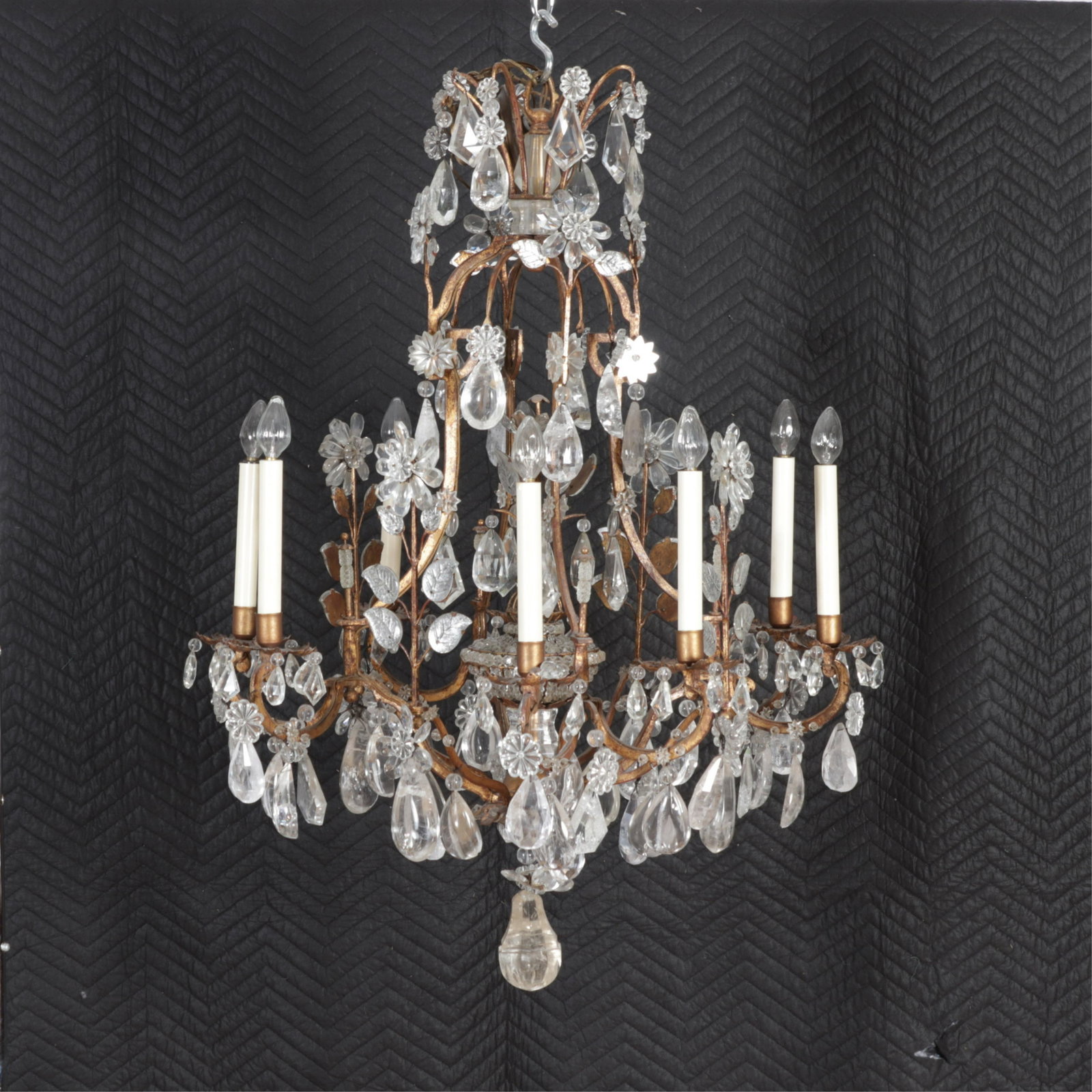 Italian Rococo Gilt Iron Rock Crystal Chandelier: Italian Rococo Style Gilt Iron Rock Crystal Chandelier 37" H x 29" Dia.