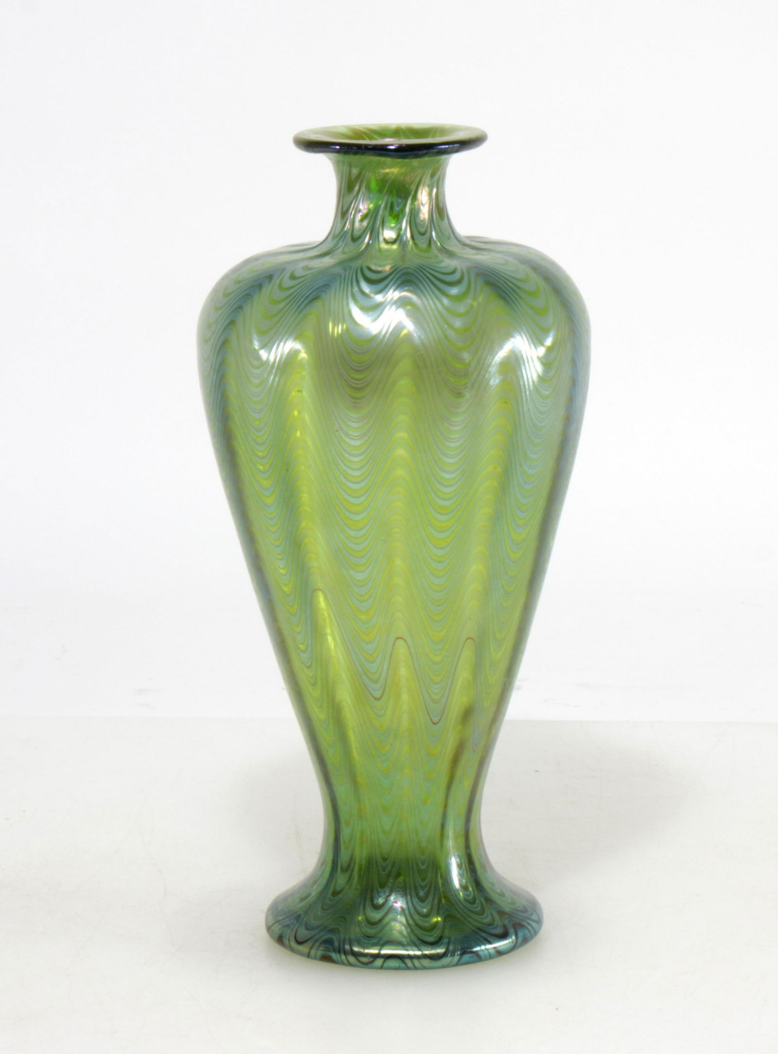 Loetz Green Iridescent Glass Vase: Loetz Green Iridescent Glass Vase, signed Dimensions: 9.25" H X 4.5"Dia at widest Property from the Estate of John 'Parker' Prindle, JR., Boston, MA.