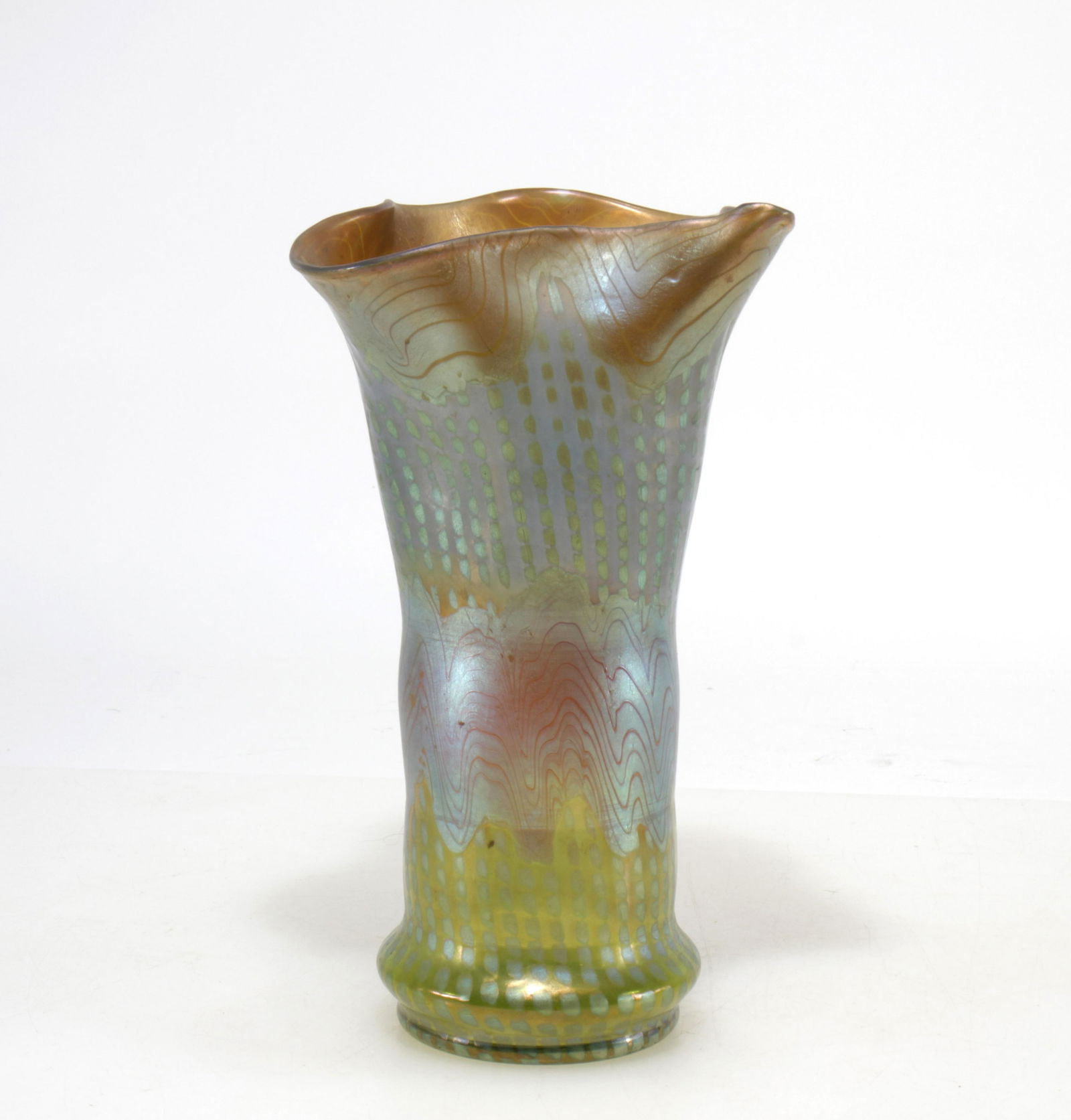 Loetz Green Iridescent Glass Vase: Loetz Green Iridescent Glass Vase, signed Dimensions: 10.25" H6" wide at rim Property from the Estate of John 'Parker' Prindle, JR., Boston, MA.