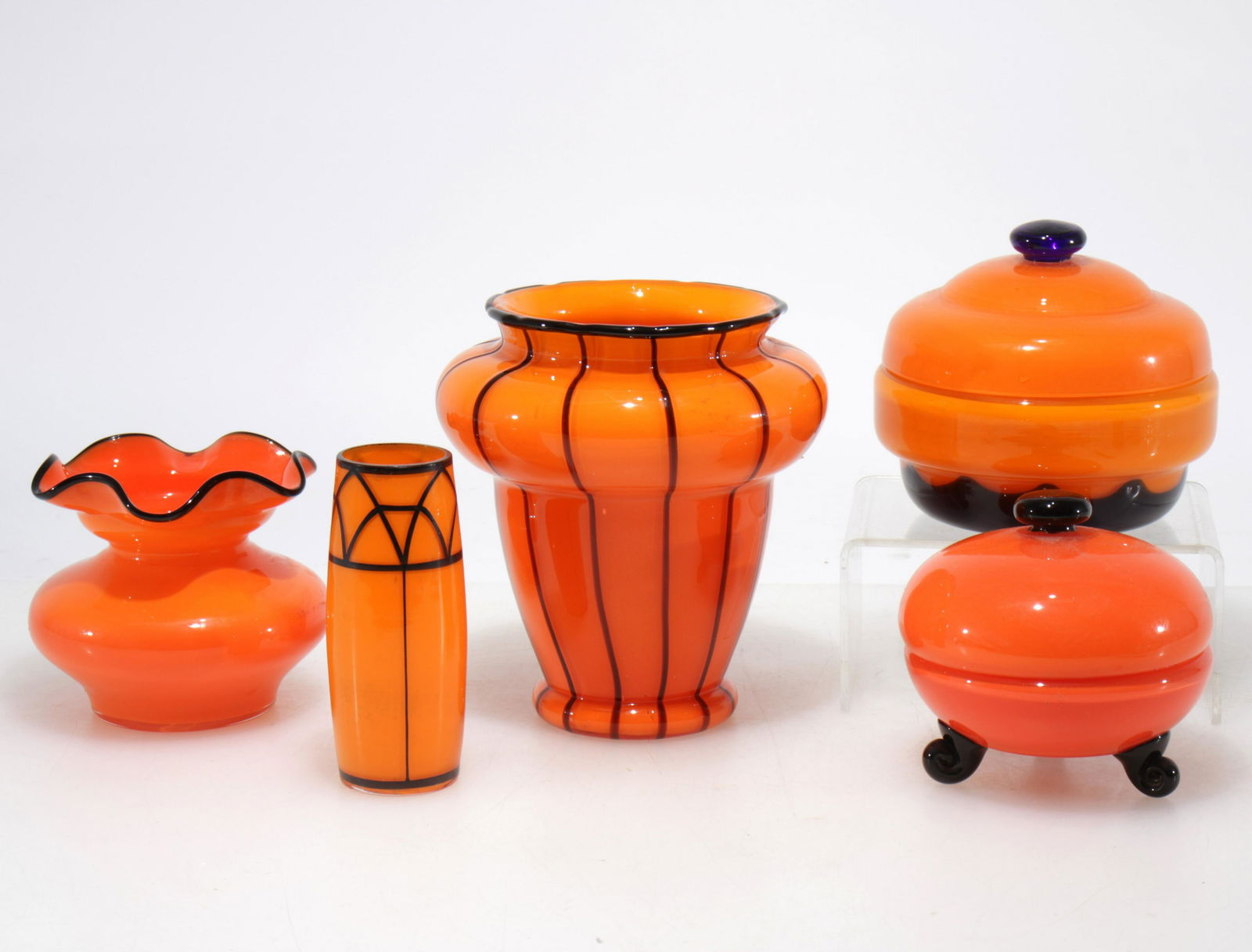 Group of Loetz Tango Glass Vases & Jars: 5 Loetz Tango Glass Vases & Jars, unsigned, orange & black Dimensions: 6" H x 5" diam Property from the Estate of John 'Parker' Prindle, JR., Boston, MA.