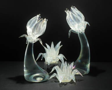 Pauly & Co - Pair Glass Flowers & Candlesticks: Pair Pauly & Co. Iridescent Glass Flowers & Pair Candlesticks Dimensions: Flowers 12.5" H Property from the Estate of John 'Parker' Prindle, JR., Boston, MA.