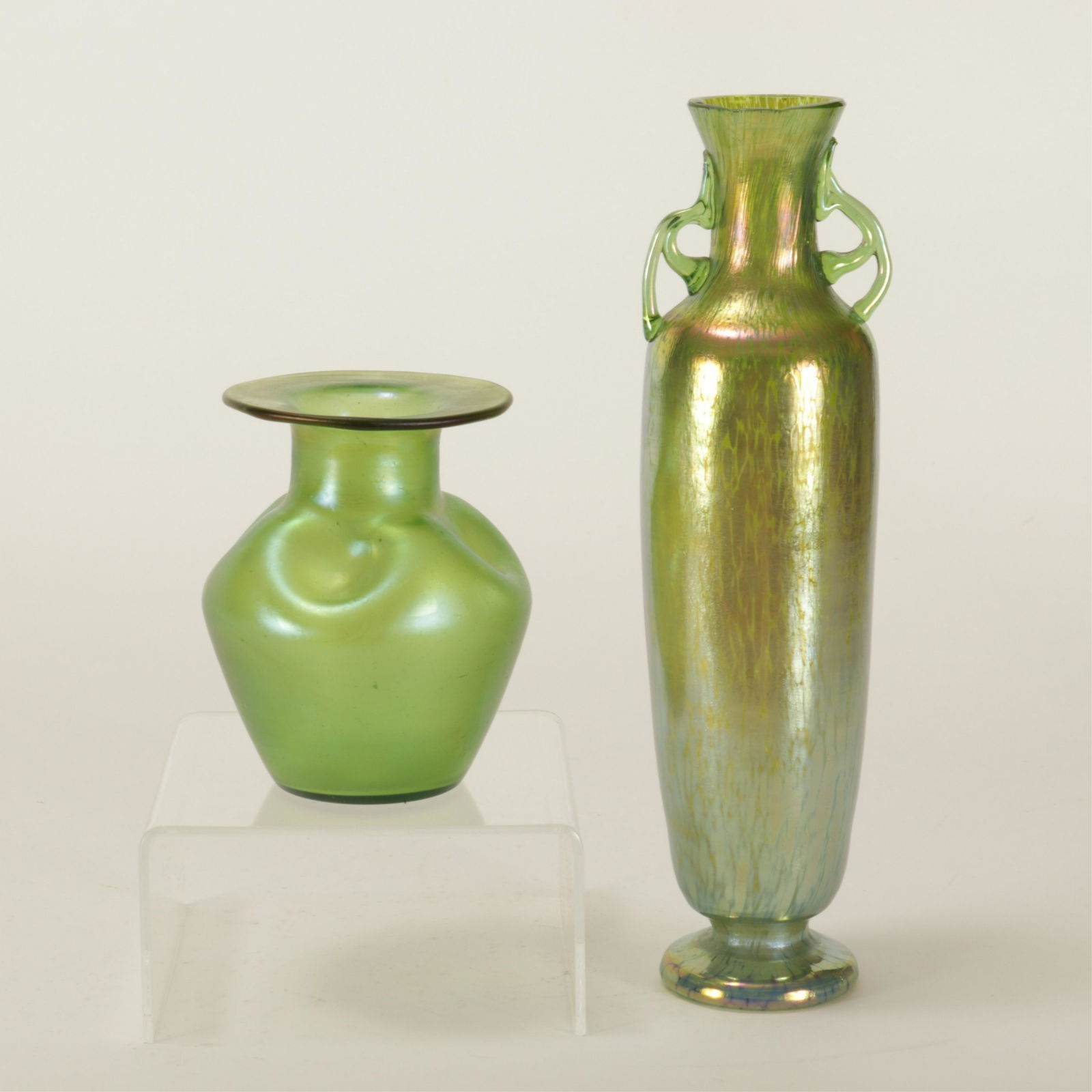 Two Loetz Green Iridescent Glass Vases (1 of 5)