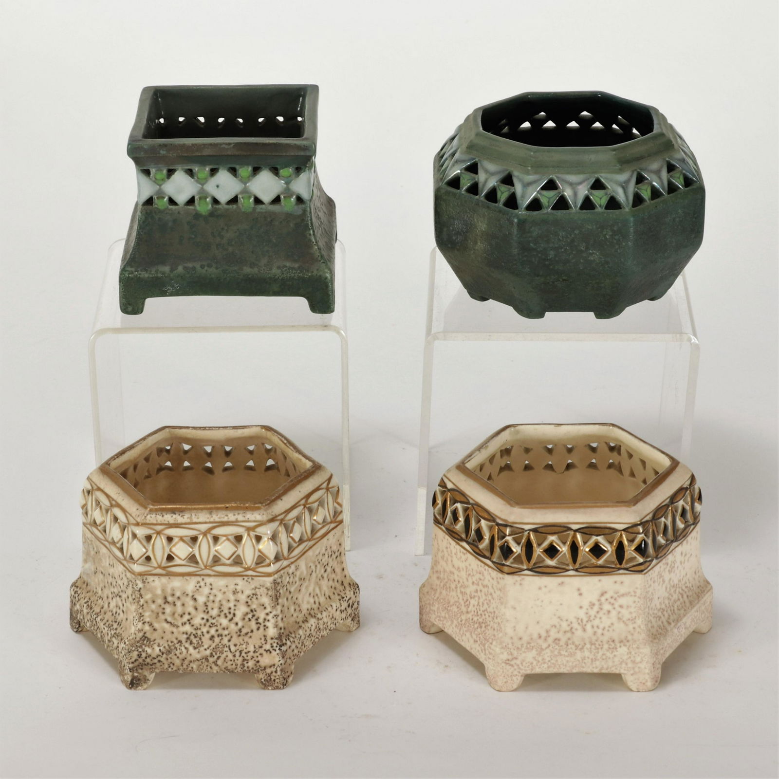 Ernst Wahliss - 4 Amphora Pottery Jardinieres: 4 Ernst Wahliss Amphora Pottery Jardinieres, 9568, 9570 & 9572 Dimensions: 3" H x 4" diam Property from the Estate of John 'Parker' Prindle, JR., Boston, MA.