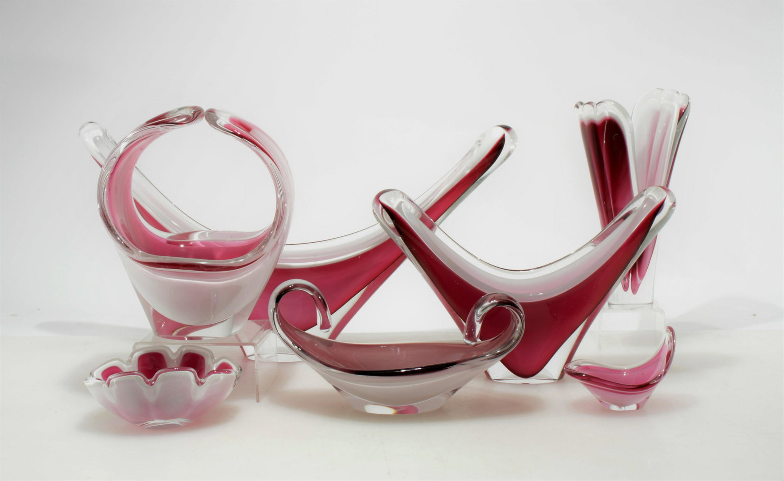 Paul Kedelv for Flygsfors - Coquille Glass Vessels: Paul Kedelv for Flygsfors 7 Pc. "Coquille" Glass, plum/white, signed Dimensions: Largest 11" H Property from the Estate of John 'Parker' Prindle, JR., Boston, MA.