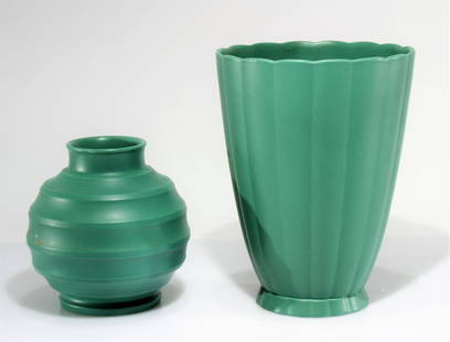 Keith Murray for Wedgewood - Green Pottery Vases: Keith Murray for Wedgewood - Green Pottery Vases, circa 1930. Signed. Dimensions: Larger 9.25" diam Property from the Estate of John 'Parker' Prindle, JR., Boston, MA.