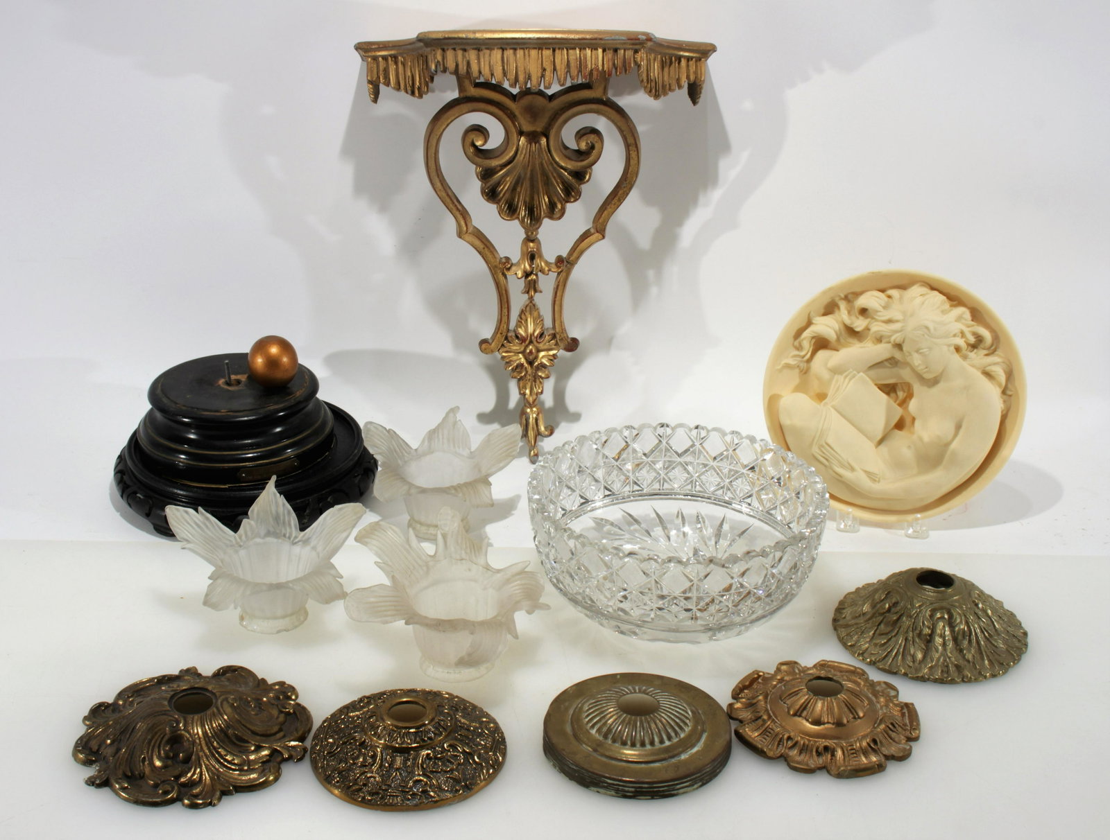 Group of Lamp Parts, Bracket, Shades, Plaque: Lamp Parts, Bracket, 4 Shades, 2 Bases, Resin Plaque Dimensions: Bracket 14" H x 12" W Provenance: Property from a Brooklyn, NY home