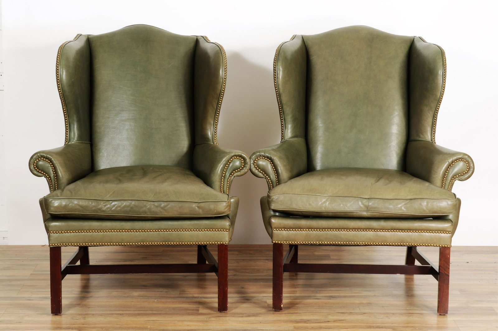 Pair of Ralph Lauren Green Leather Wing Chairs (1 of 8)