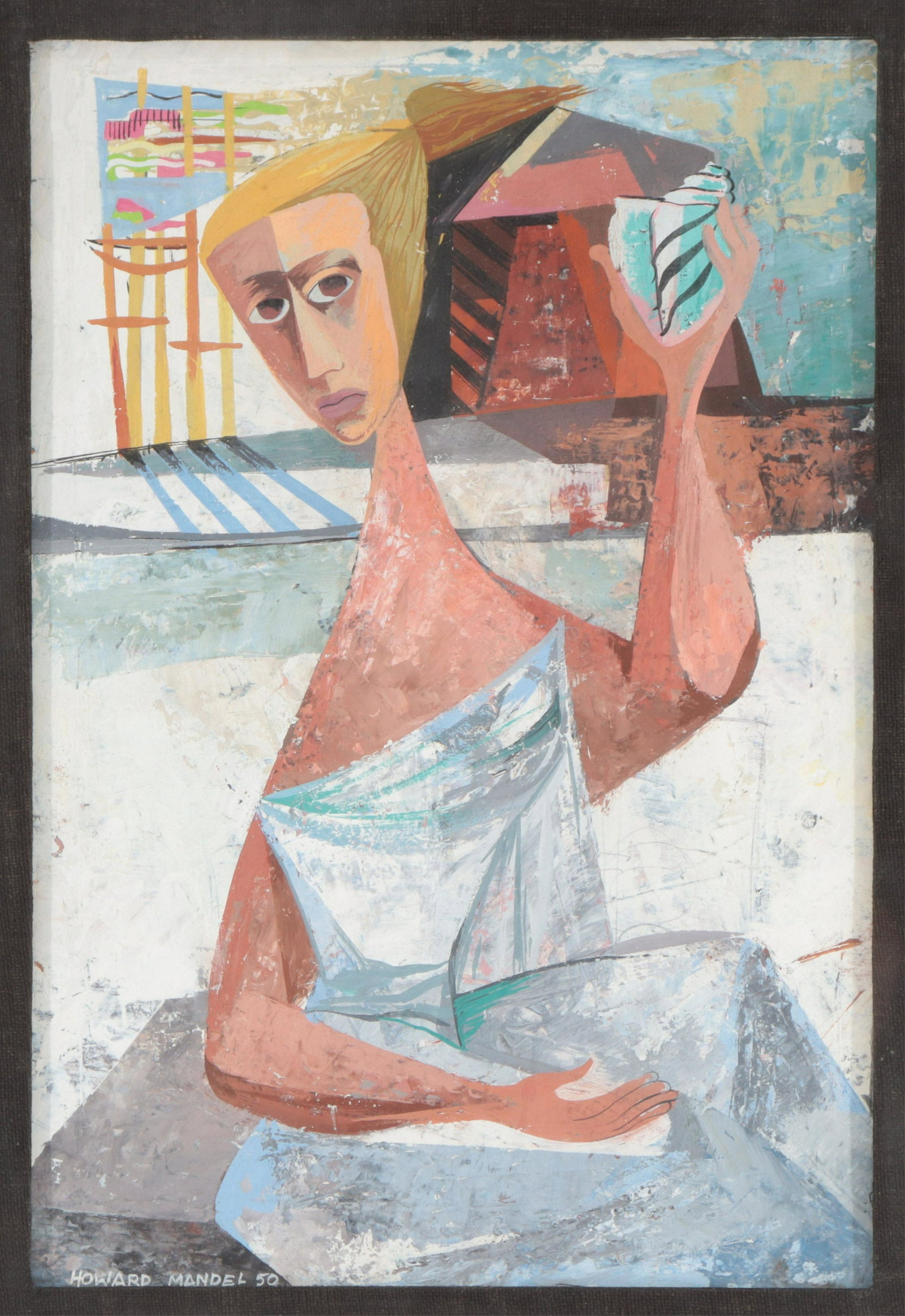 Howard Mandel - Lady with Shell: Howard Mandel "Lady with Shell", Acrylic on Paintboard, signed lower left, dated 1950 Dimensions: Sight 11" H x 7.25" W, Framed 18" H x 14.75" W Provenance: Property from a Northwest Connecticut colle