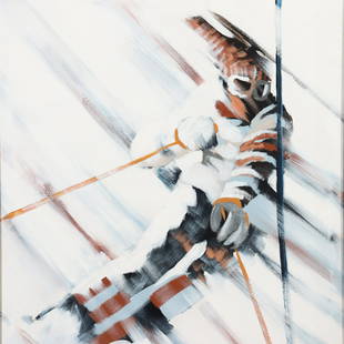 Lee Reynolds (American 1936-2017) Slalom Skier O/C: Lee Burr (pen name Lee Reynolds). Signed LL. Thin profile bronze finish metal frame. Dimensions: Sight 49.5" x 39.5 Framed 50.25 x 40.25