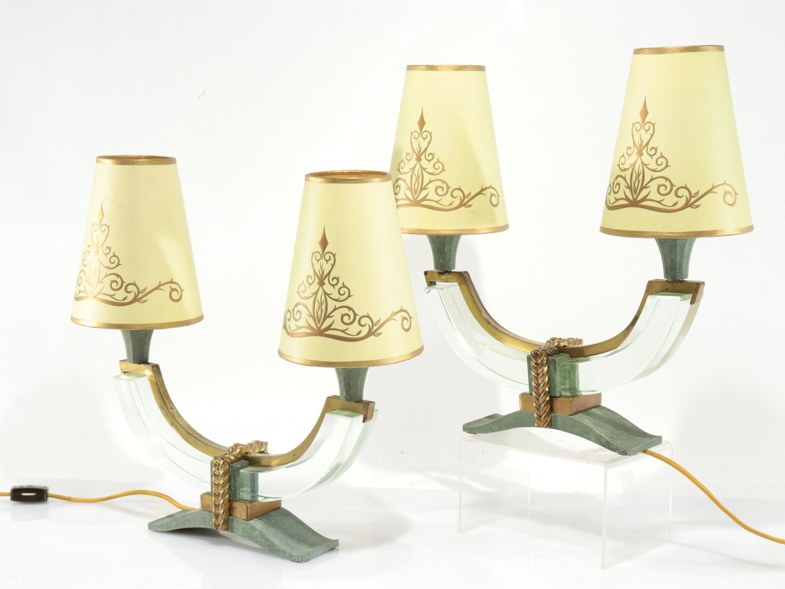 Pair Leon Jallot Style Gilt Metal & Glass Lamp (1 of 5)