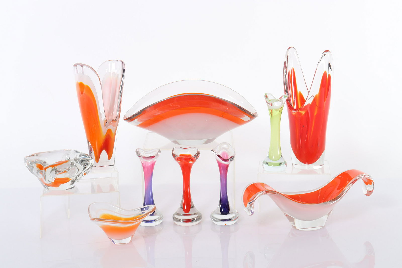 Flygsfors - Group of 10 Coquille Glass Items: Paul Kedelv for Flygsfors - Group of 10 Coquille Glass Items, signed. Comprising four bowls and six vases. Dimensions: Largest 10.5" H Property from the collection of John 'Parker' Prindle, Jr.
