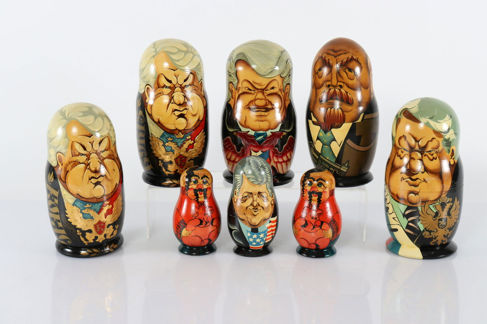 8 Russian Matryoshka Nesting Dolls: 8 Russian Matryoshka Nesting Dolls, Yeltsin Cliton Gorbachev. Dimensions: Largest 9.75" H Property from the collection of Seymour Stein.