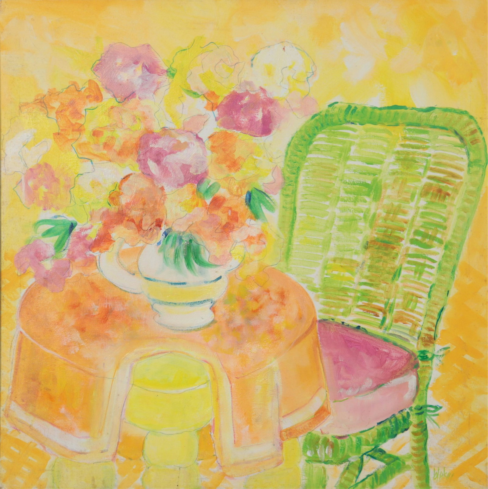 Blake - Still Life on Table: Blake, Modern "Still Life on Table", Acrylic on Canvas, signed lower right Blake, bio attached verso Dimensions: Sight 25.5" H x 35.5" W, Framed 39" H x 39" W