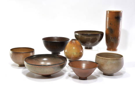 Eight Scheier (U.S.) Studio Pottery: Edwin and Mary Scheier (20C. N.H., U.S.). (2) vases, (6) bowls, all signed. Glazed stoneware in natural ground, earth colors. One bowl with fine, pebbly "rustic" matte glaze.Dimensions: Larger bowl 8.