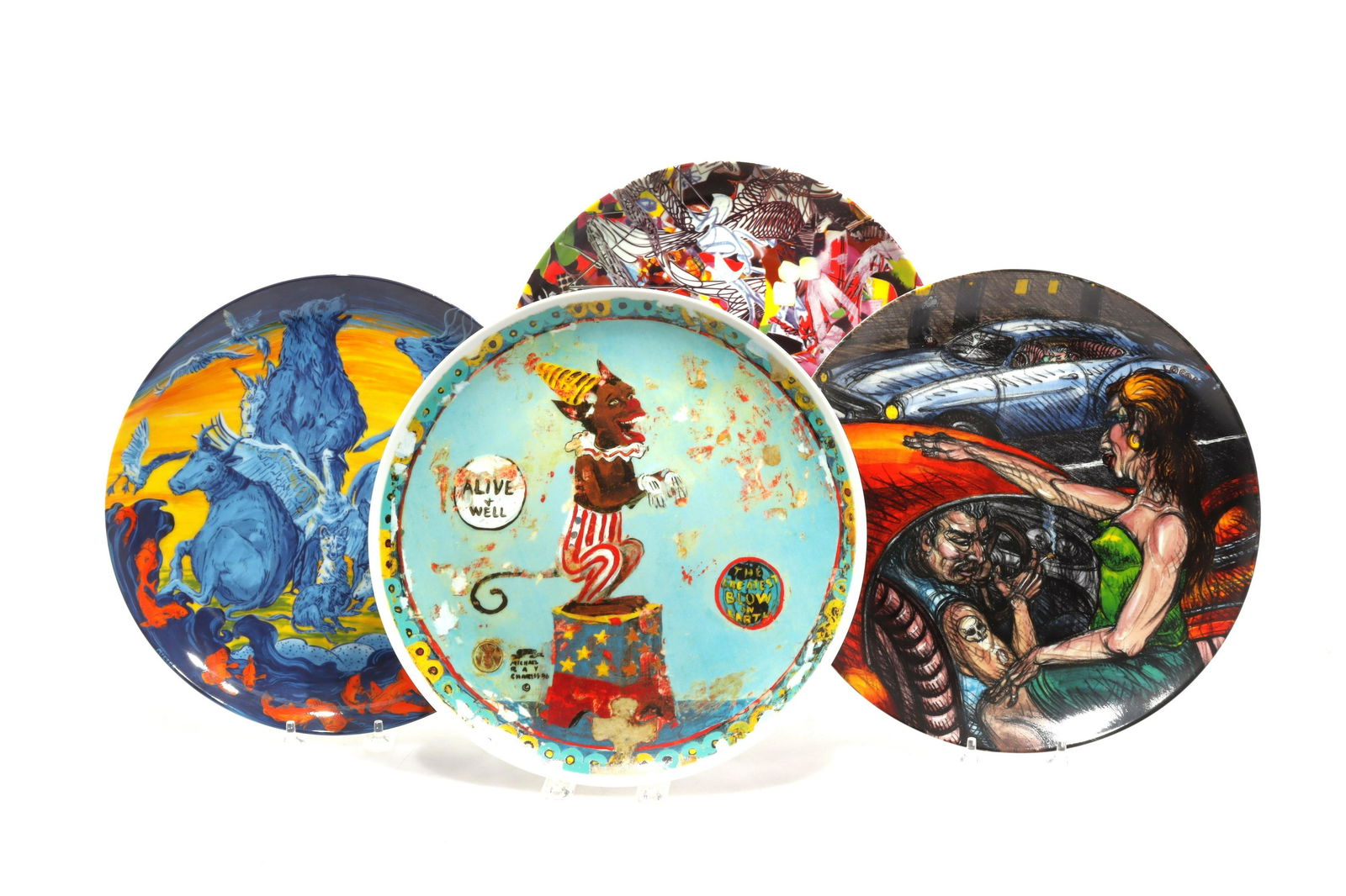 Four 20C Artist Porcelain Decorative Plates: Three with Blaffer Gallery/U. of Houston affiliation; one Simpson Gallery. Edition numbered. 1) Frank Stella "Untitled" 1997, 73/300 2) Luis Jimenez "Reflections of El Paso, 044/250 3) Michael Ray Cha