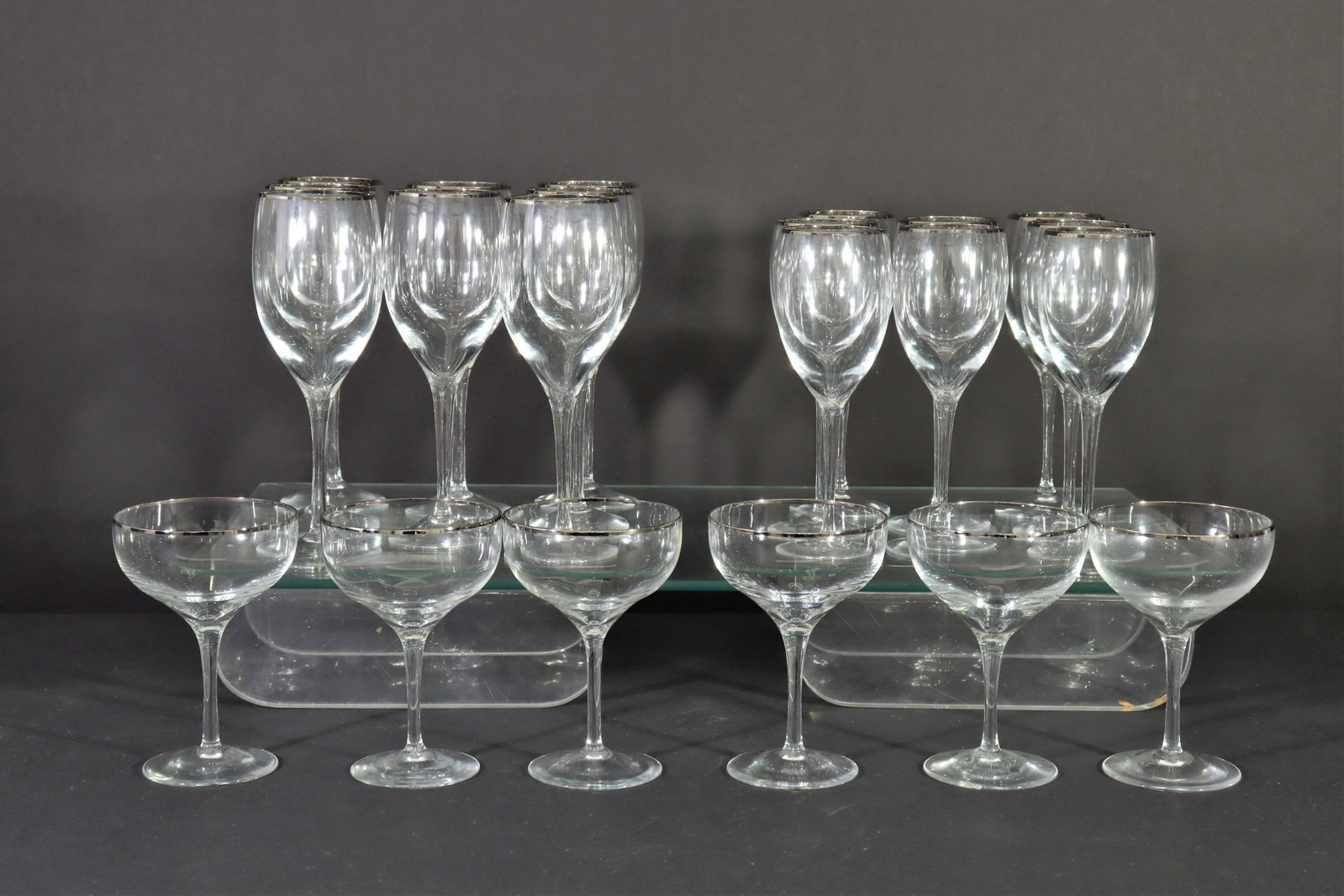 Mixed Stemware, Drinking Glasses, Glassware: Includes: (24) total: (8) Lenox champagne/dessert, (8+8) two sizes wine 7.75"H and 8.25, stamped bottoms; (4) Luigi Bormioli (Italy) drinking glasses 3.5H x 3 dia., etch signed; (4) Michael Weems pres