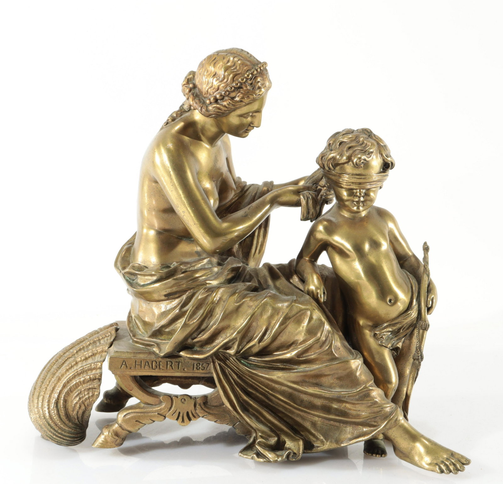 Alfred Louis Habert - Blindfolding Cupid, Bronze: Alfred Louis Habert (French 1824-1893) "Blindfolding Cupid", Bronze, signed in casting A. Habert 1856 Dimensions: 10.5" H