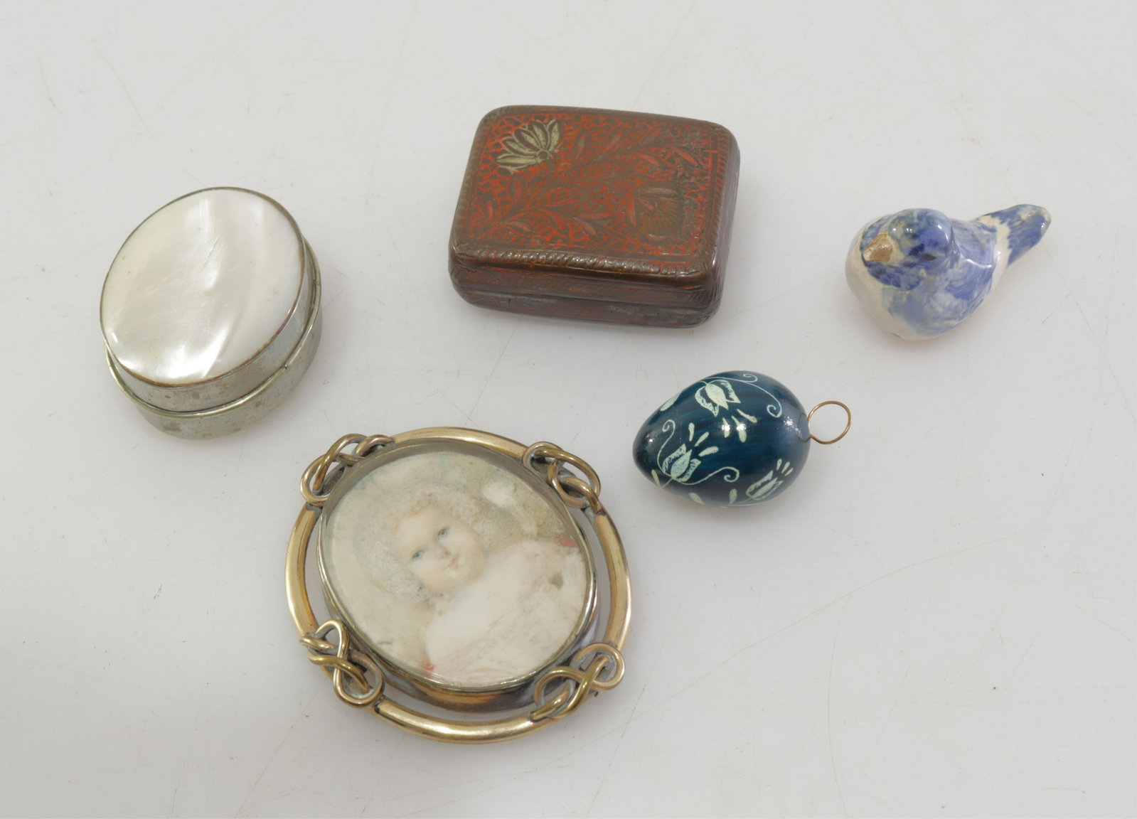 Miniature Painting of a Child & other items: Miniature Painting of a Child, together with 2 boxes, bird & egg, miniature originally mounted as stick pin Dimensions: 2.5" H From a Kent Connecticut Collector