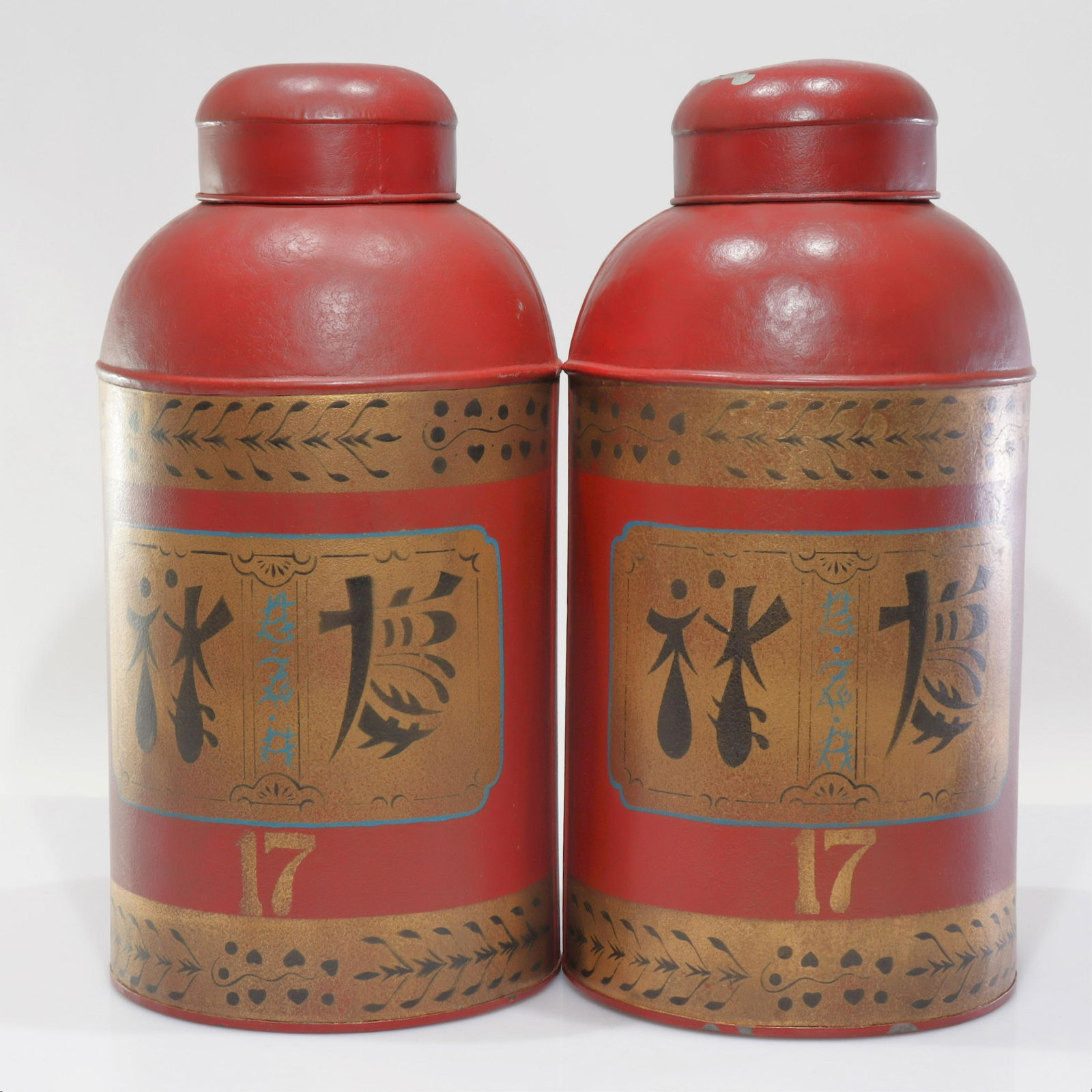 Pair Chinese Style Scarlet Ptd Tole Tea Canisters (1 of 5)