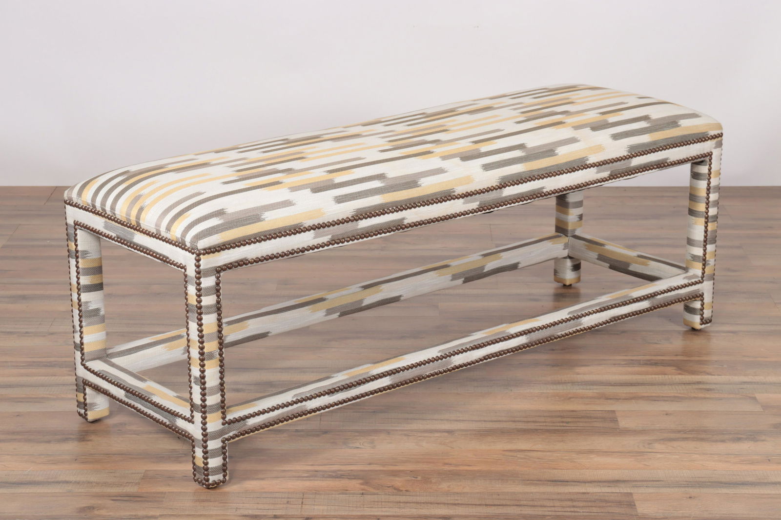 Contemporary Brass Tacked Upholstered Bench (1 of 7)
