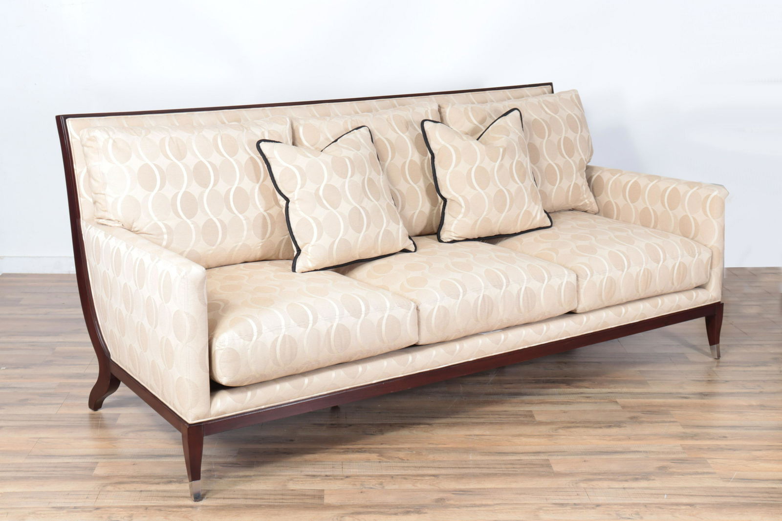 Lucien Rollin Art Deco Style Sofa: Lucien Rollin for William Switzer, c. 2001, Canape Apollon Sofa, cotibe wood, loose 3 seat and back cushions,2 side cushions, nickel capped footDimensions: 84"W x 37"D x 36 1/2"H, seat depth 23 3/4, s