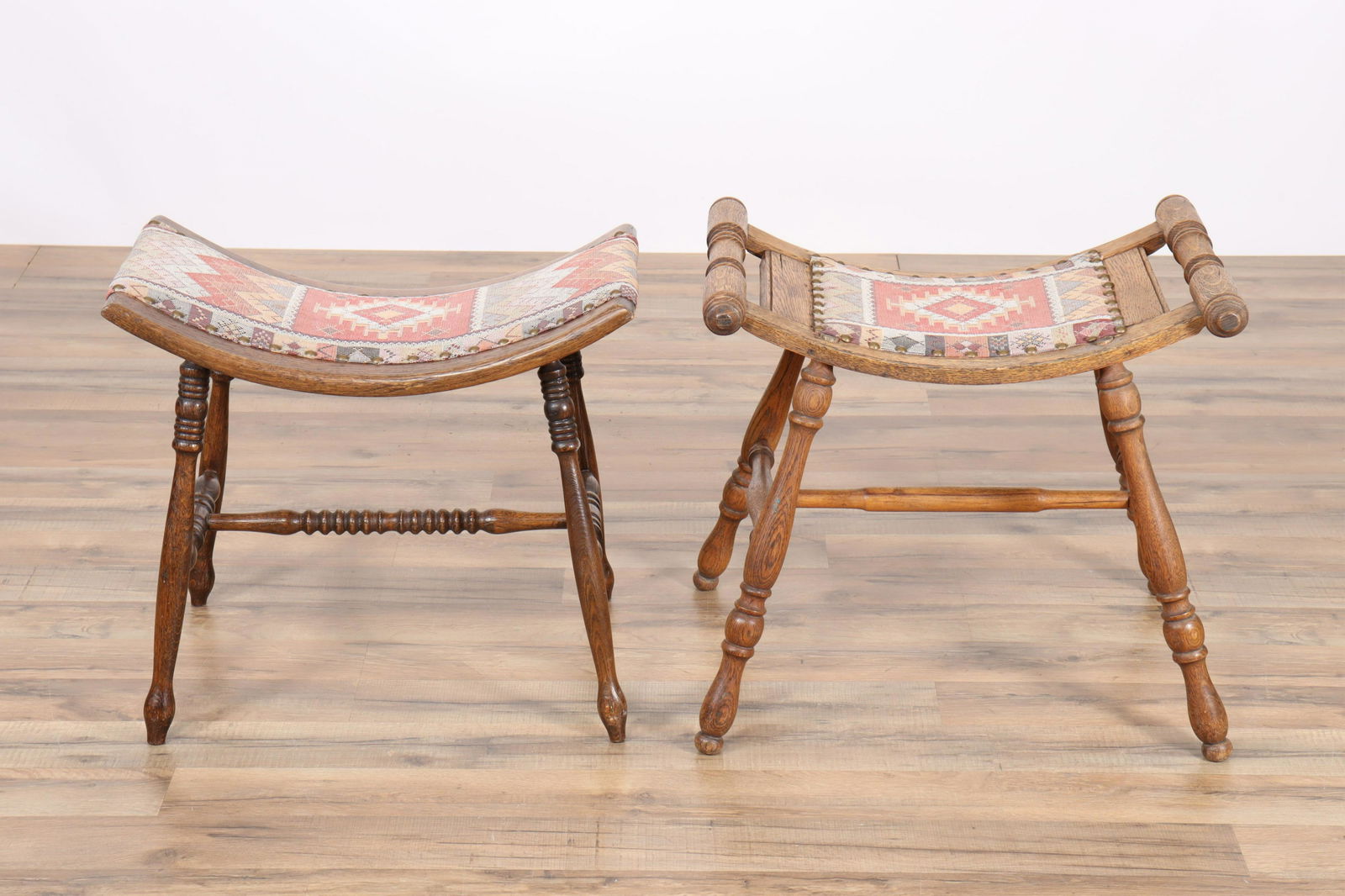 Near Pair Oak Curved Top, Upholstered Footstools (1 of 8)
