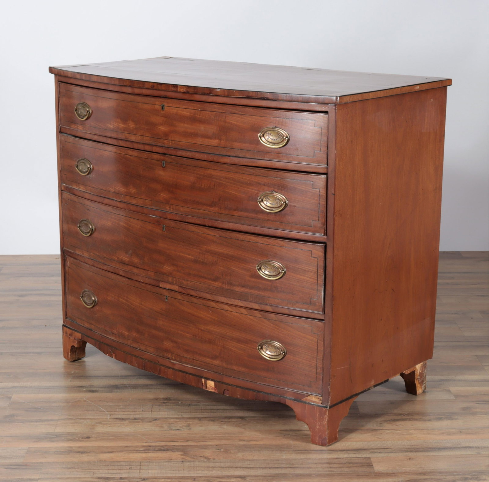 Late George III Inlaid Mahogany Bowfront Chest: Late George III Inlaid Mahogany Bowfront Chest, 19th C. Dimensions: Property from a Manhattan and Connecticut Estate