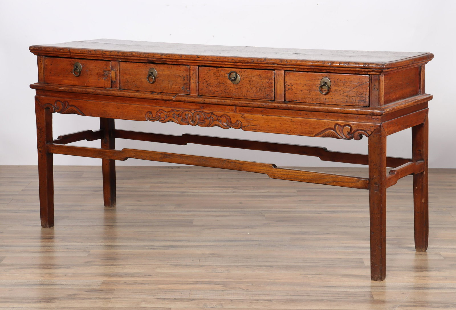 Chinese Stained Pine Console: Chinese Stained Pine Console, with 4 drawers Dimensions: 29.25" H x 59.25" W x 18.25" D Property from a Manhattan Interior Designer