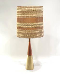 MCM Tony Paul Table Lamp with Maria Kipp Shade: Tony Paul for Westwood Industries, satin brushed brass metal and turned walnut. Maria Kipp shade in wood and woven fabric, C1950s.Dimensions: 22"H with socket fixtureshade 14H x 13.5 dia.