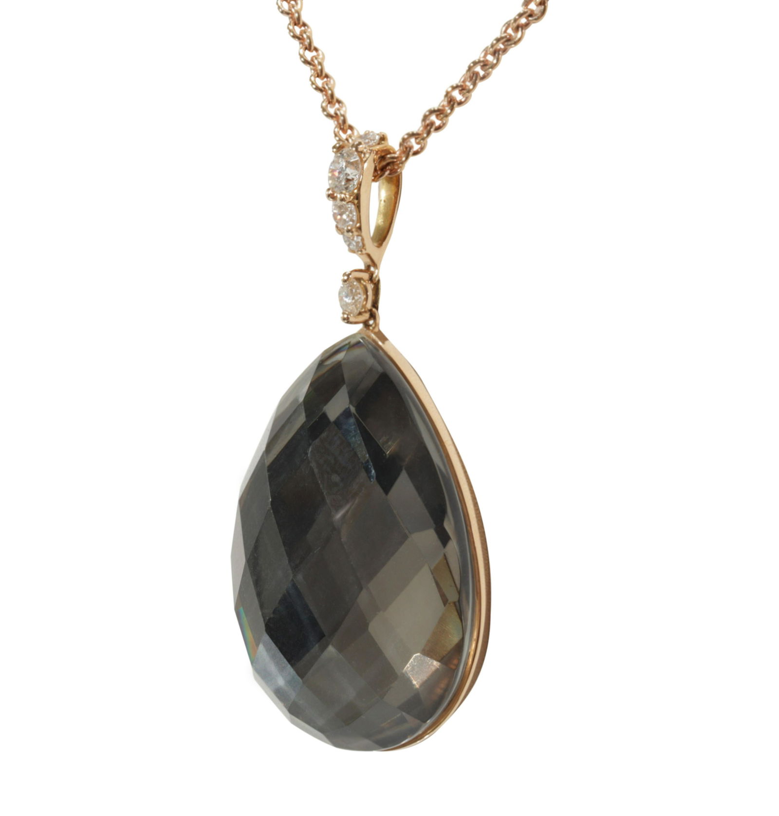 Roberto Coin Faceted Citrine Necklace: Roberto Coin, 13.66 ct faceted pear cut citrine necklace on rose gold chain with diamond crusted bale. 17" adjustable chain