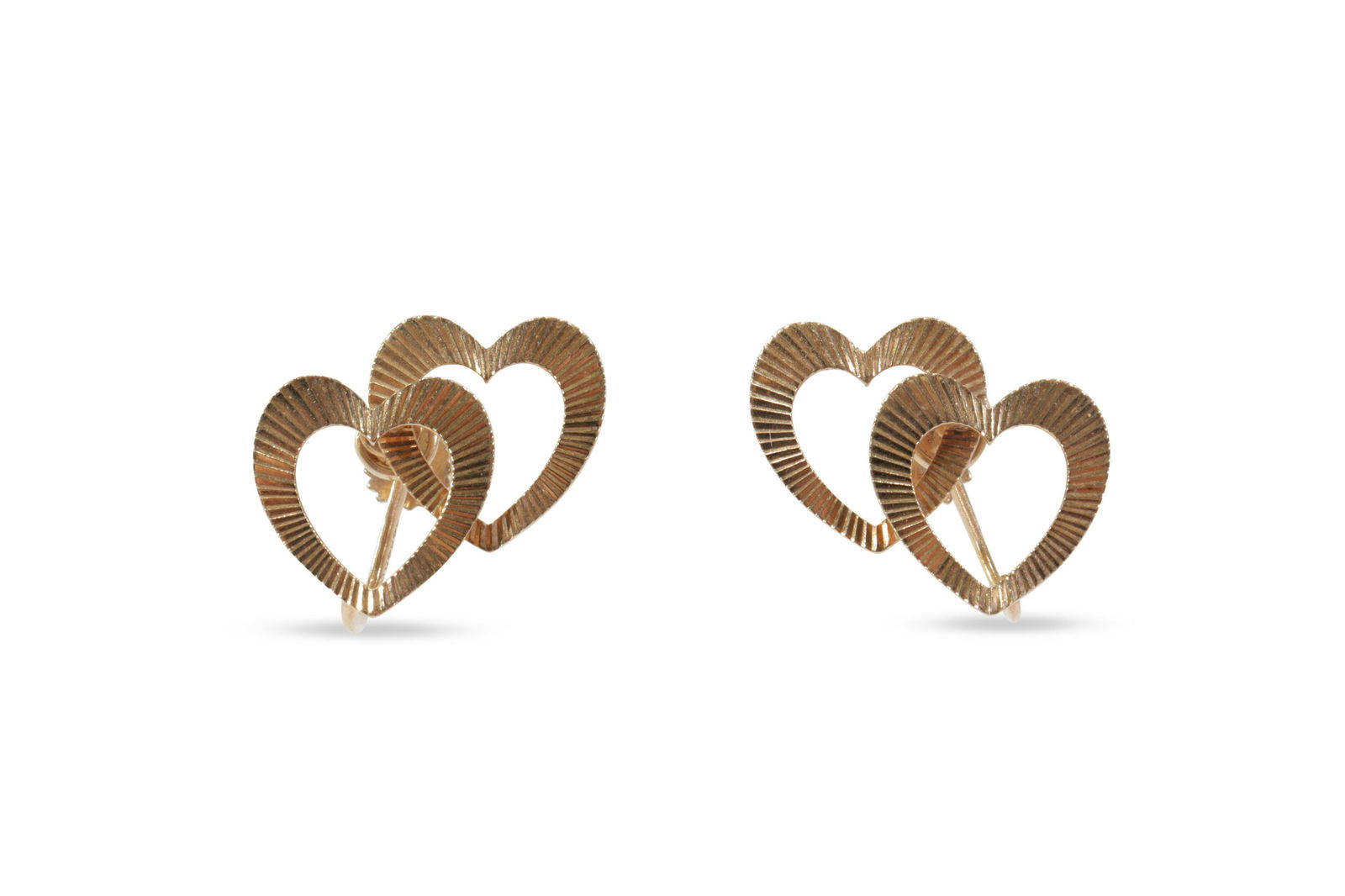 Pair of Tiffany & Co 14K Double Heart Earrings: A pair of Tiffany & Co 14k yellow gold double heart screwback earrings. Marked 14K Tiffany on bar. 7/8" square. 4.8 grams.