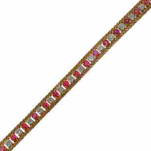 Cartier Diamond & Ruby Line Bracelet: Cartier Diamond & Ruby Line Bracelet. Containing 25 round prong set rubies weighing approximately 2.85 tcw, segmented by 25 round prong set diamonds weighing approximately 2.95 tcw. Set in 18k yellow