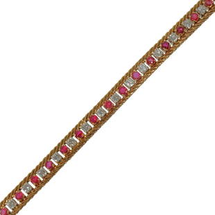 Cartier Diamond & Ruby Line Bracelet: Cartier Diamond & Ruby Line Bracelet. Containing 25 round prong set rubies weighing approximately 2.85 tcw, segmented by 25 round prong set diamonds weighing approximately 2.95 tcw. Set in 18k yellow