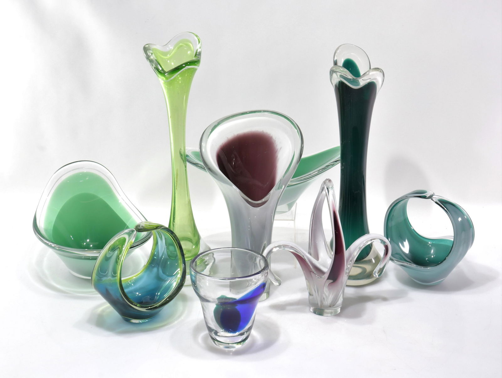 Flygsfors - 9 Coquille Glass Vases & Bowls: Flygsfors - 9 Coquille Glass Vases & Bowls, signed Dimensions: Largest 18.25" H