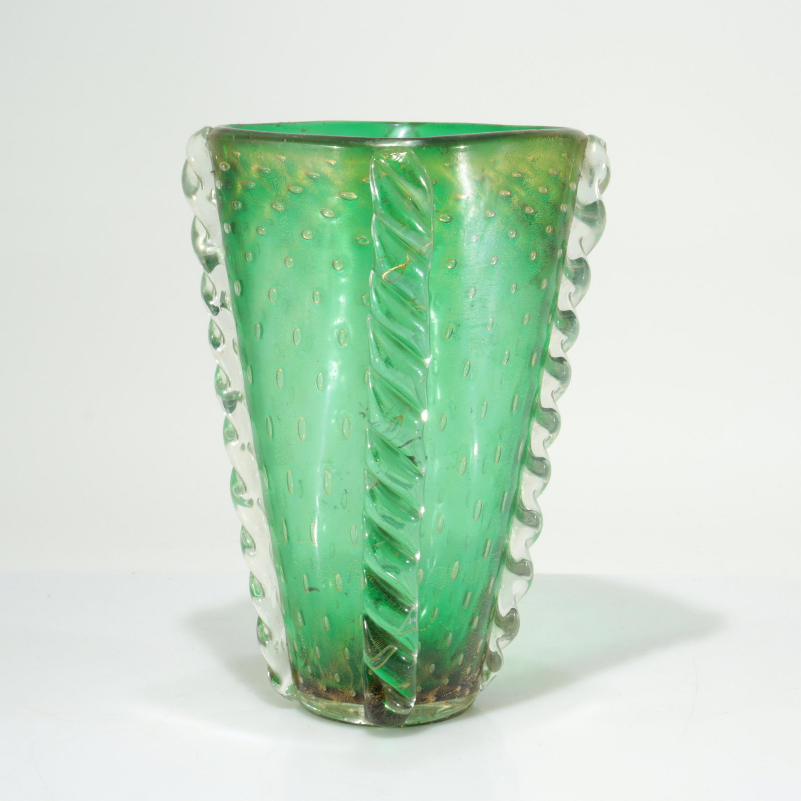 Ercole Barovier - Bullicante Green Vase: Ercole Barovier Bullicante Green Vase, traces of paper label. Dimensions: 10.5" H x 6" at rim.