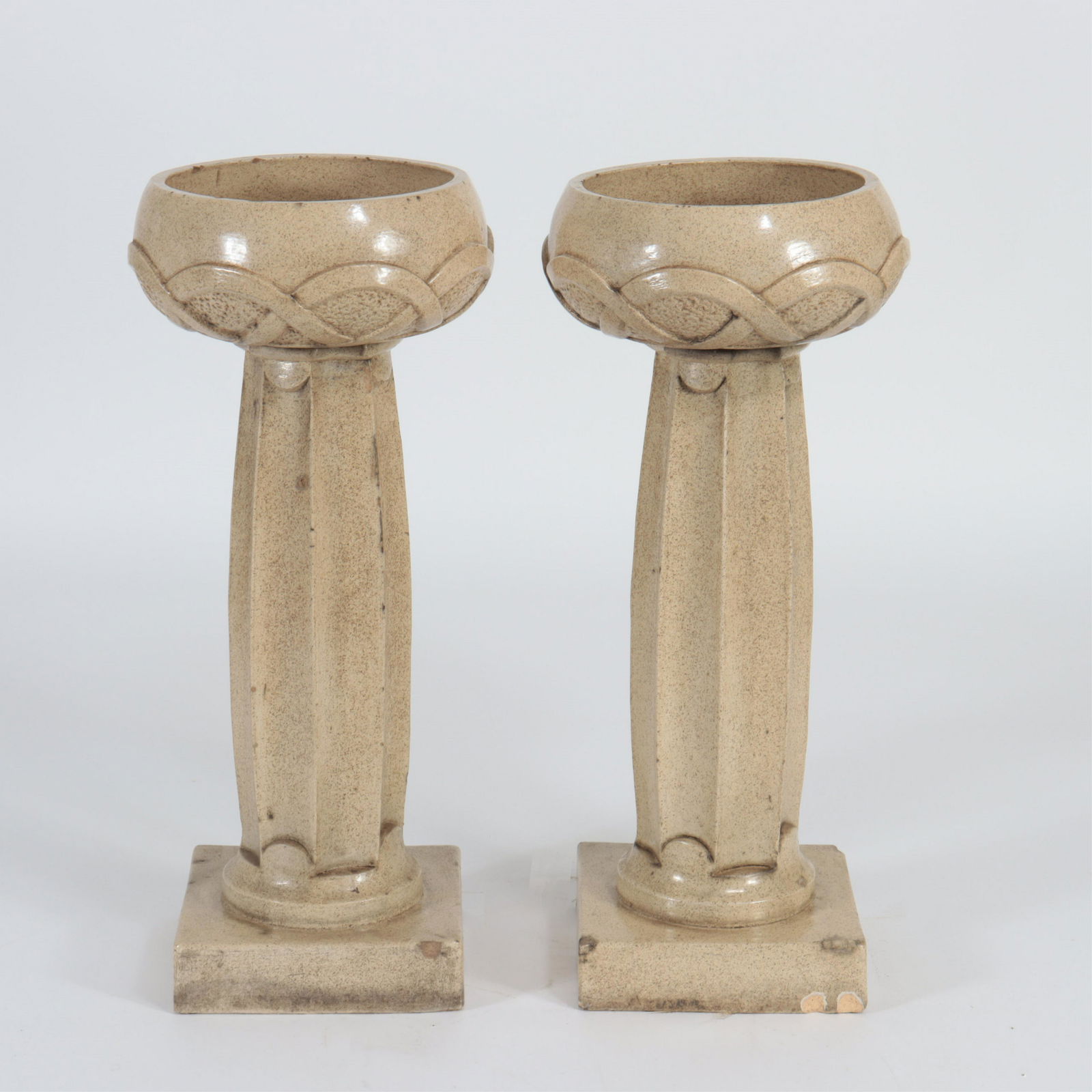 Archibald Knox - Rainfordware Jardinieres: Archibald Knox - Pair Rainfordware Fire Clay Jardinieres and Stands, possibly retailed by Liberty & Co. Dimensions: 32" H x 14.25" Dia. Property from the personal collection of Seymour Stein.