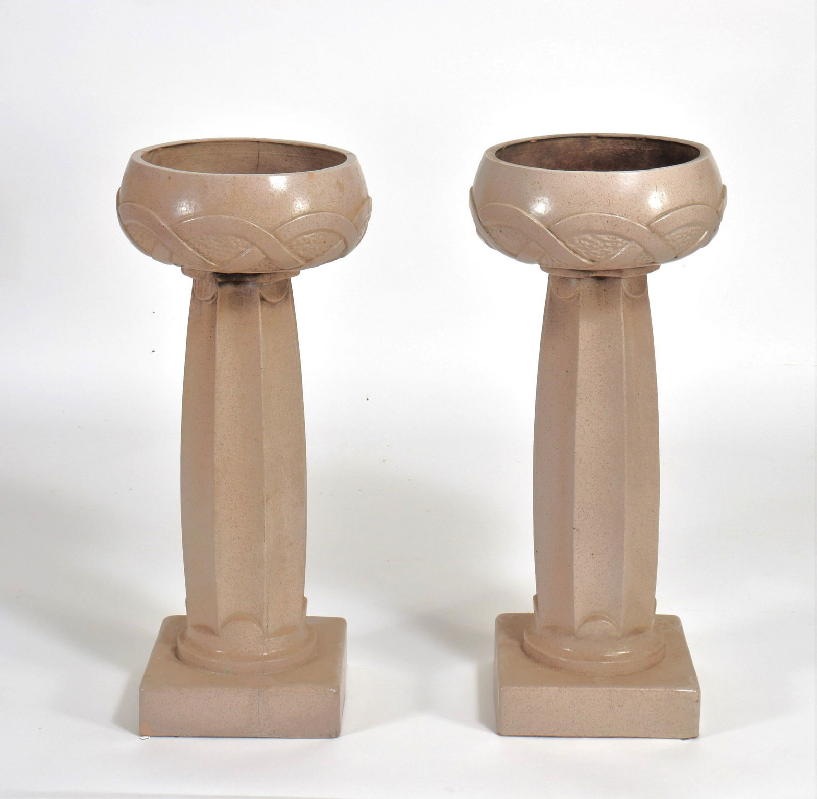 Archibald Knox - Rainfordware Fire Clay Planters: Archibald Knox - Pair Rainfordware Fire Clay Planters & Stands Dimensions:32.5" H x 14" Dia. Property from the personal collection of Seymour Stein.