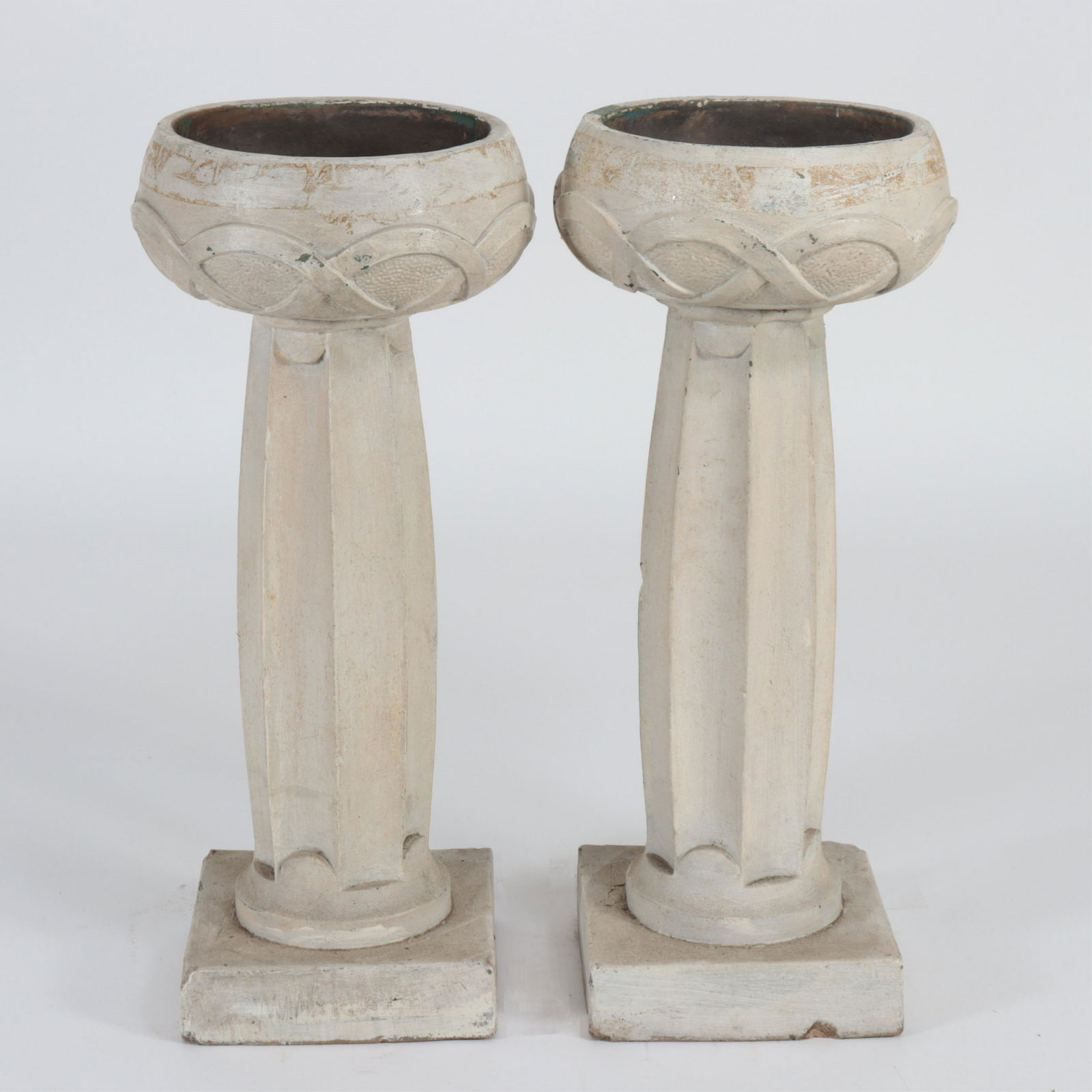Archibald Knox - Rainfordware Jardinieres: Archibald Knox - Pair Rainfordware Fire Clay Jardinieres & Stand, Early 20th C., unmarked Dimensions: 32" H x 13.75" Dia. Property from the personal collection of Seymour Stein.