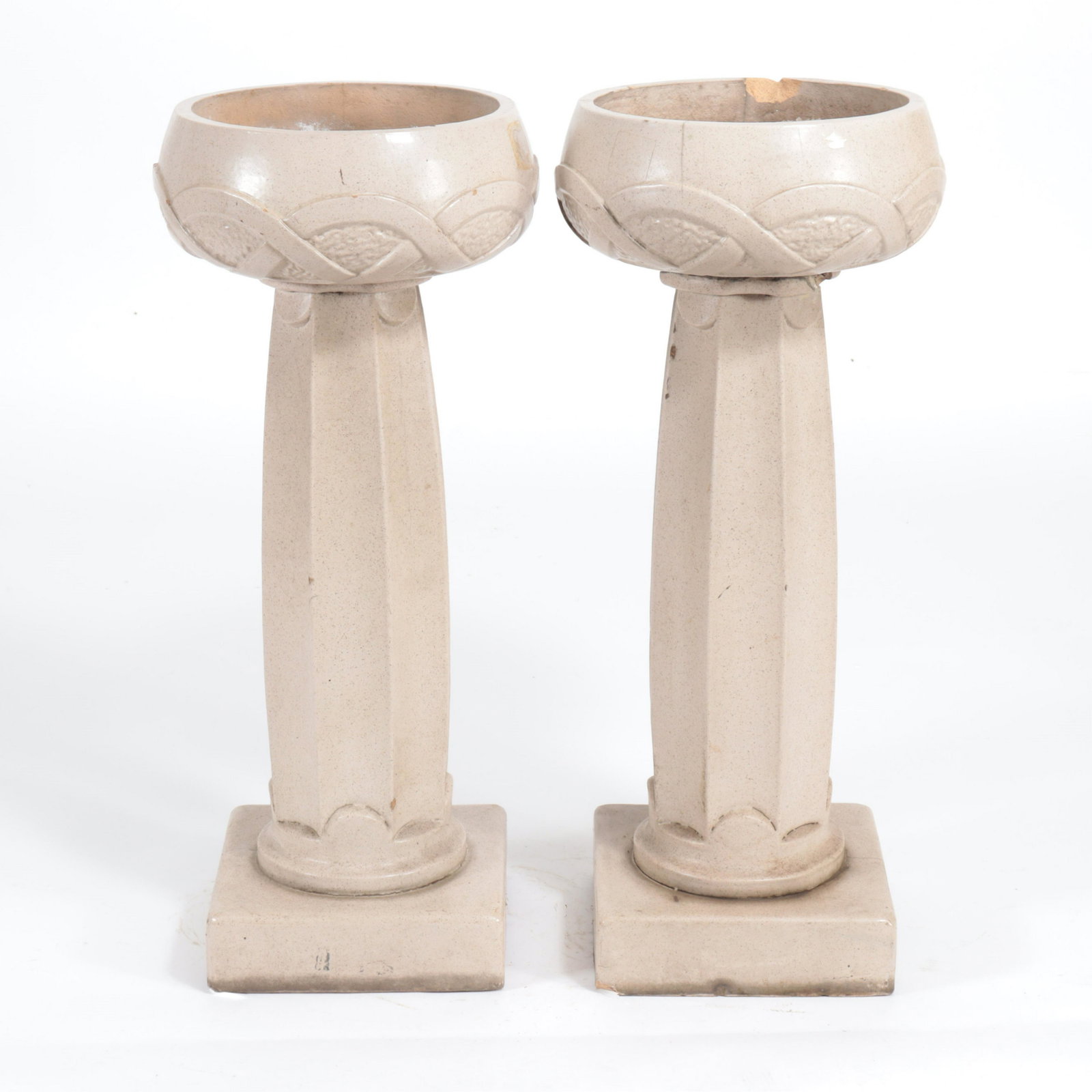 Pair of Rainford Ware Fire Clay Jardinieres: Pair of Rainford Ware Fire Clay Jardinieres, unmarked. Dimensions: 32.25" H Property from the personal collection of Seymour Stein.