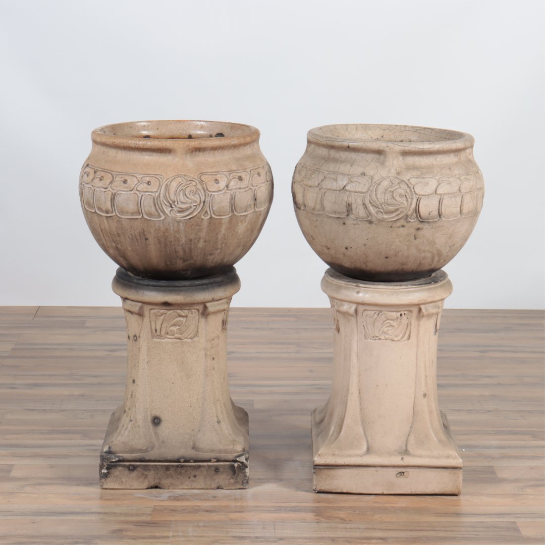 Archibald Knox - Lefcoware Stoneware Jardinieres: Archibald Knox - Pair Lefcoware Stoneware Jardinieres & Stands, Early 20th C. Dimensions: 36" H x 19.75" Dia. Property from the personal collection of Seymour Stein.