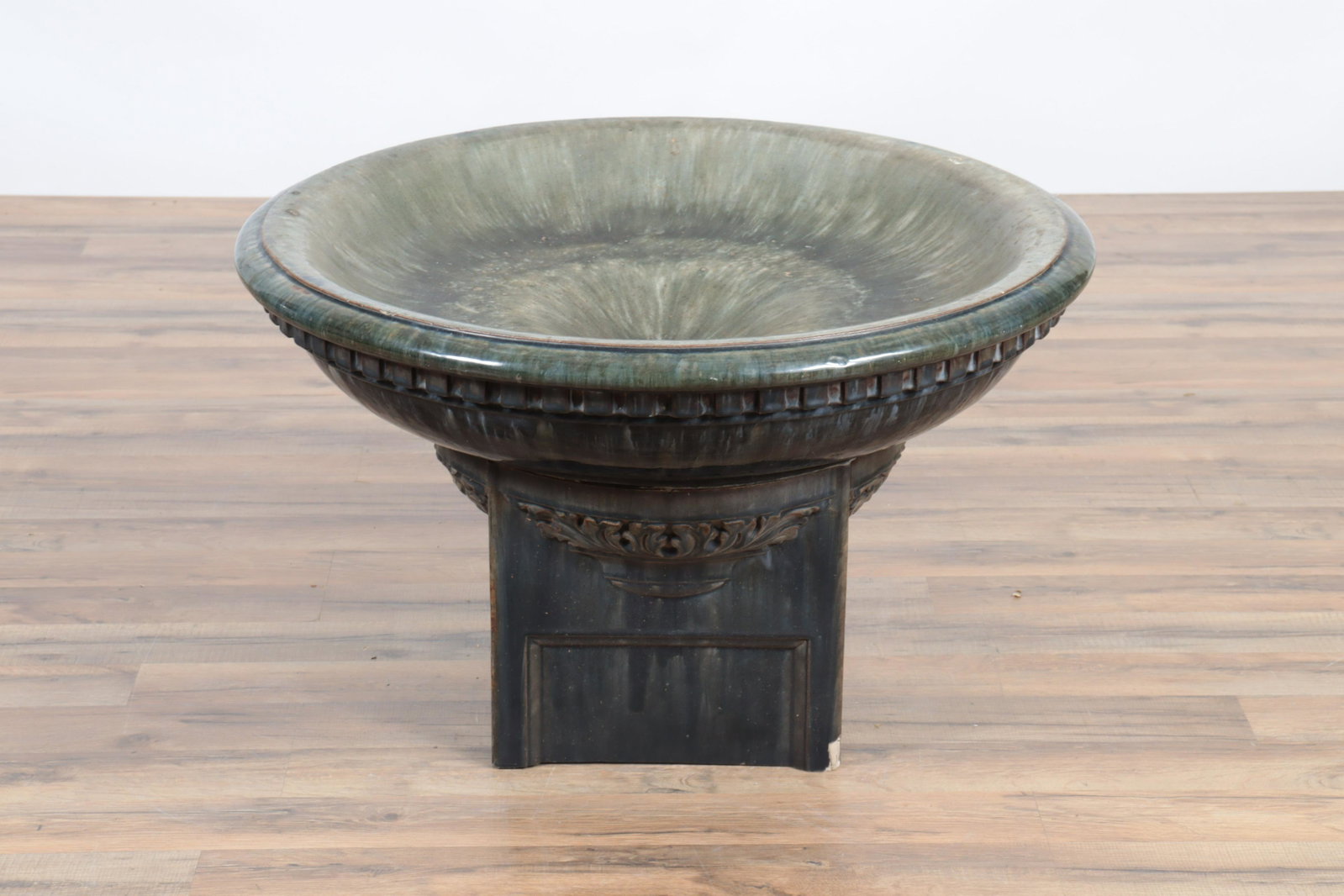 English Blue Flambe Glazed Bird Bath: English Blue Flambe Glazed Bird Bath, on stand, possibly Royal Doulton Dimensions: 18" H x 29.5" W Property from the personal collection of Seymour Stein.